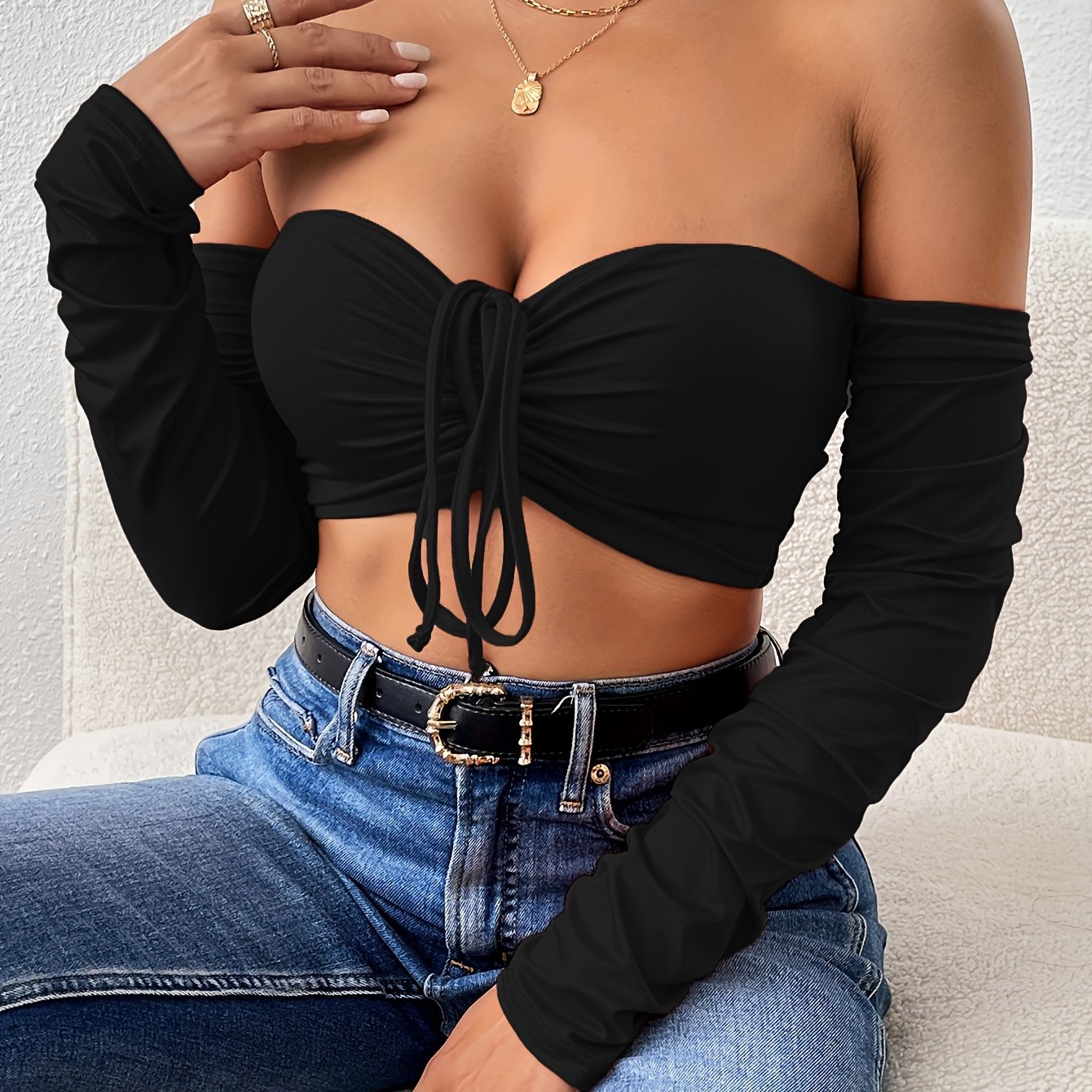 Women's Drawstring Front Off Shoulder Ruched Long Sleeve Crop Top - Sexy & Stylish - For Nightclub & Parties - Perfect Gift for Women