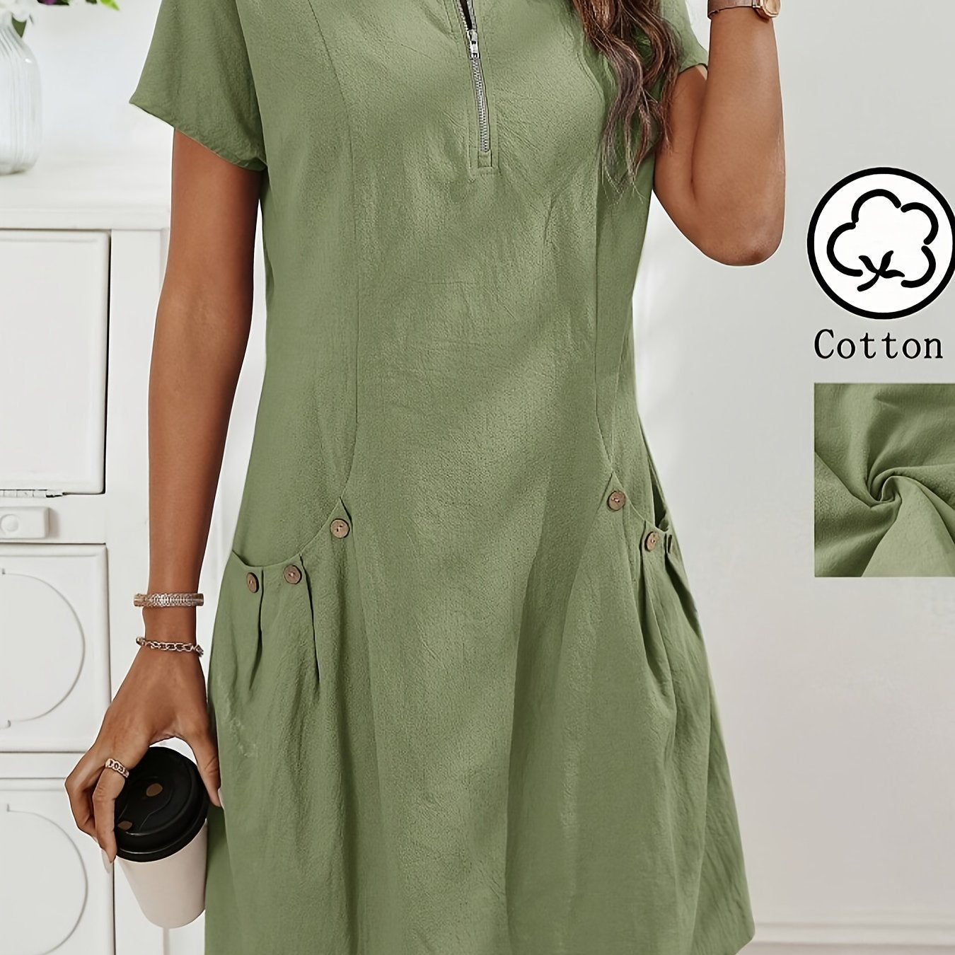 Women's Light Pink Summer Casual Dress with Zipper Half Placket, Button Decor & Double Pockets - Elegant Loose Fit for Spring/Summer, Cute Summer Dresses