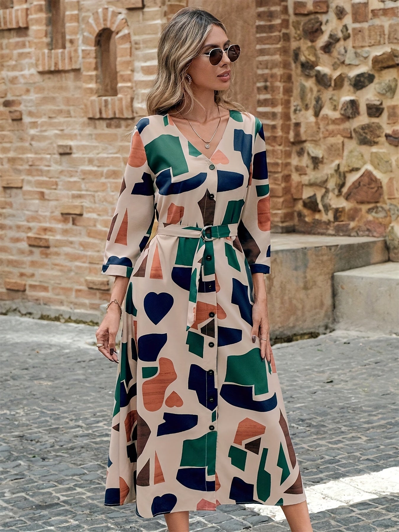 Women's woven V-neck print with sleeves belt Summer dress Elegant stylish casual Women's skirt