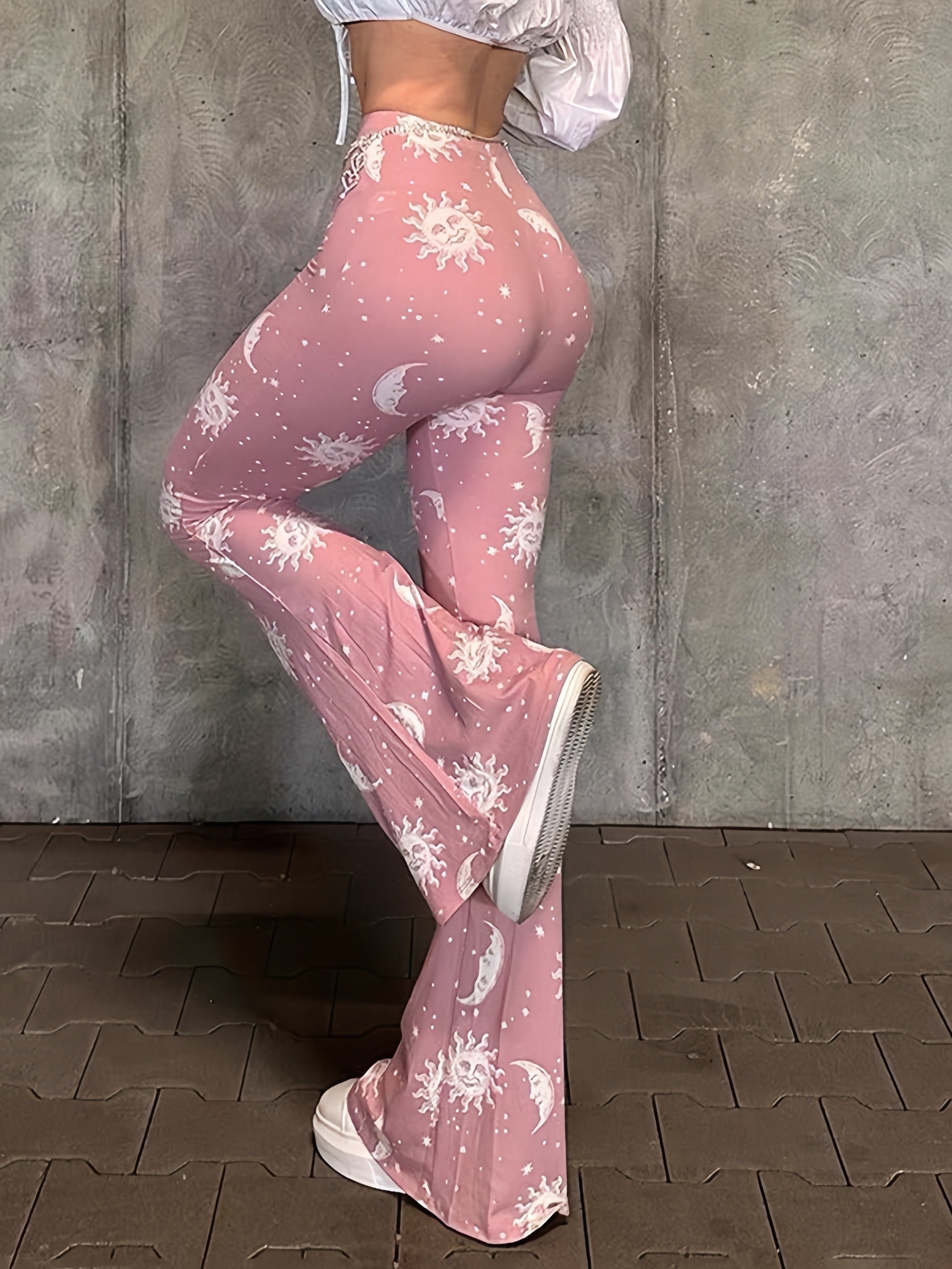 Polyester Spandex Blend Flare Leg Pants - Galaxy Moon Sun Print - Young Style for Adult Women - Spring/Fall Season