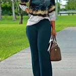 [Printed Two-piece Set] Two-piece Set - V Neck Long Sleeve Top & Wide Leg Pants Outfits - All Over Print, Women's Clothing