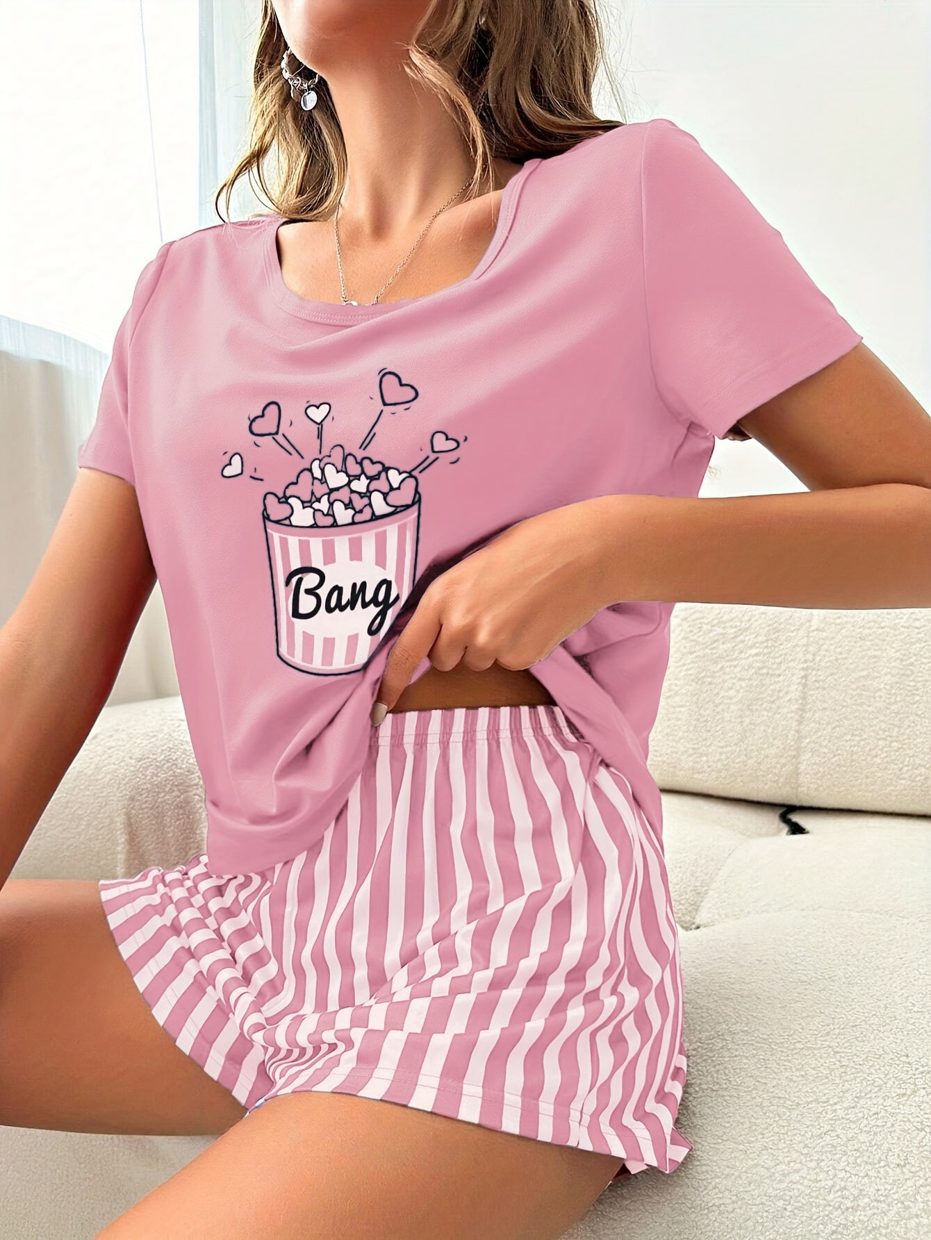 Women'S Casual Crew Neck Pajama Sets, Polyester 95.0% Elastane 5.0%, All-Season Comfort, Heart Pattern, Adult Sleepwear, Loungewear|Playful Print|Comfortable Fit, Pajamas for Travel