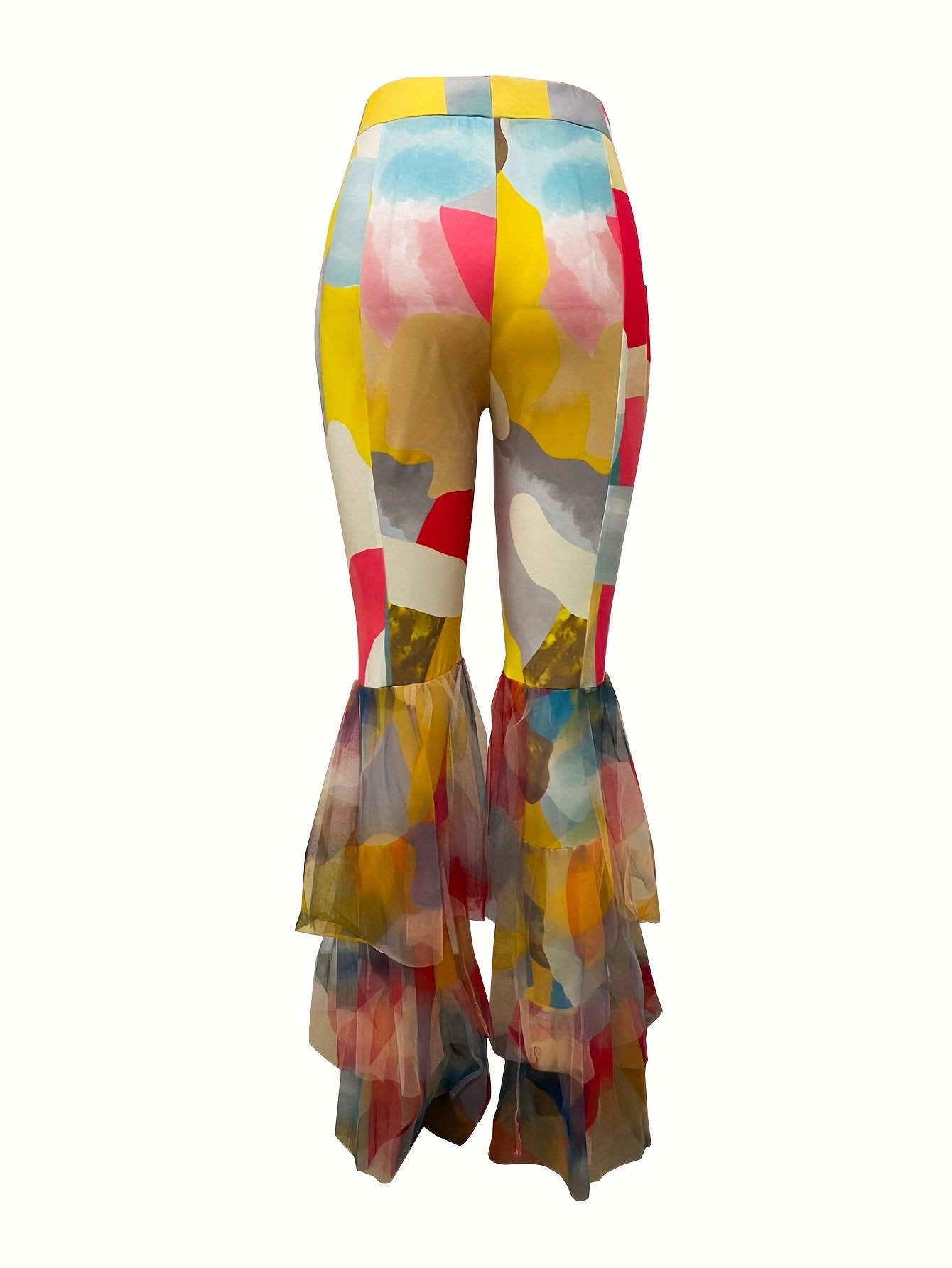 Geo Print Ruffle Hem Pants, Elegant Patchwork Print Slim Mesh Pants, Women's Clothing