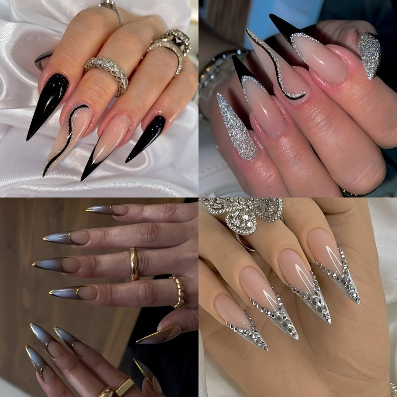 96 PCS 4PACK Long Stiletto Glossy Rhinestone Press on Nails with Glue, Bling Glitter French Tip Acrylic Almond Artificial Nails in Nude Pink Stick on False Nails with Design