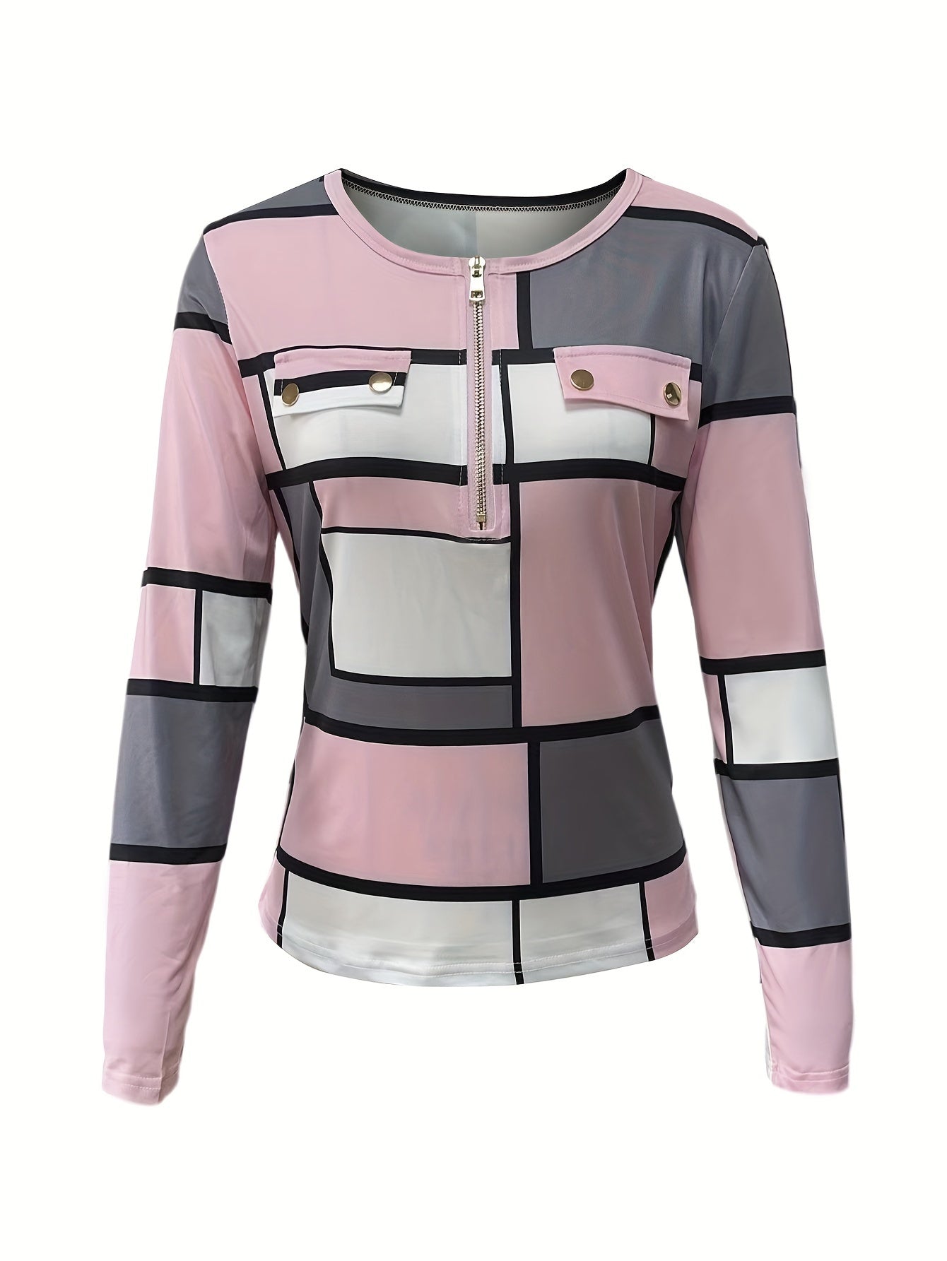 Elegant Women's Geometric Pattern T-Shirt - Pink & Gray, Zip Front with Decorative Buttons, Long Sleeve, Stretchy Polyester Blend, Machine Washable - Chic Top for Spring/Fall