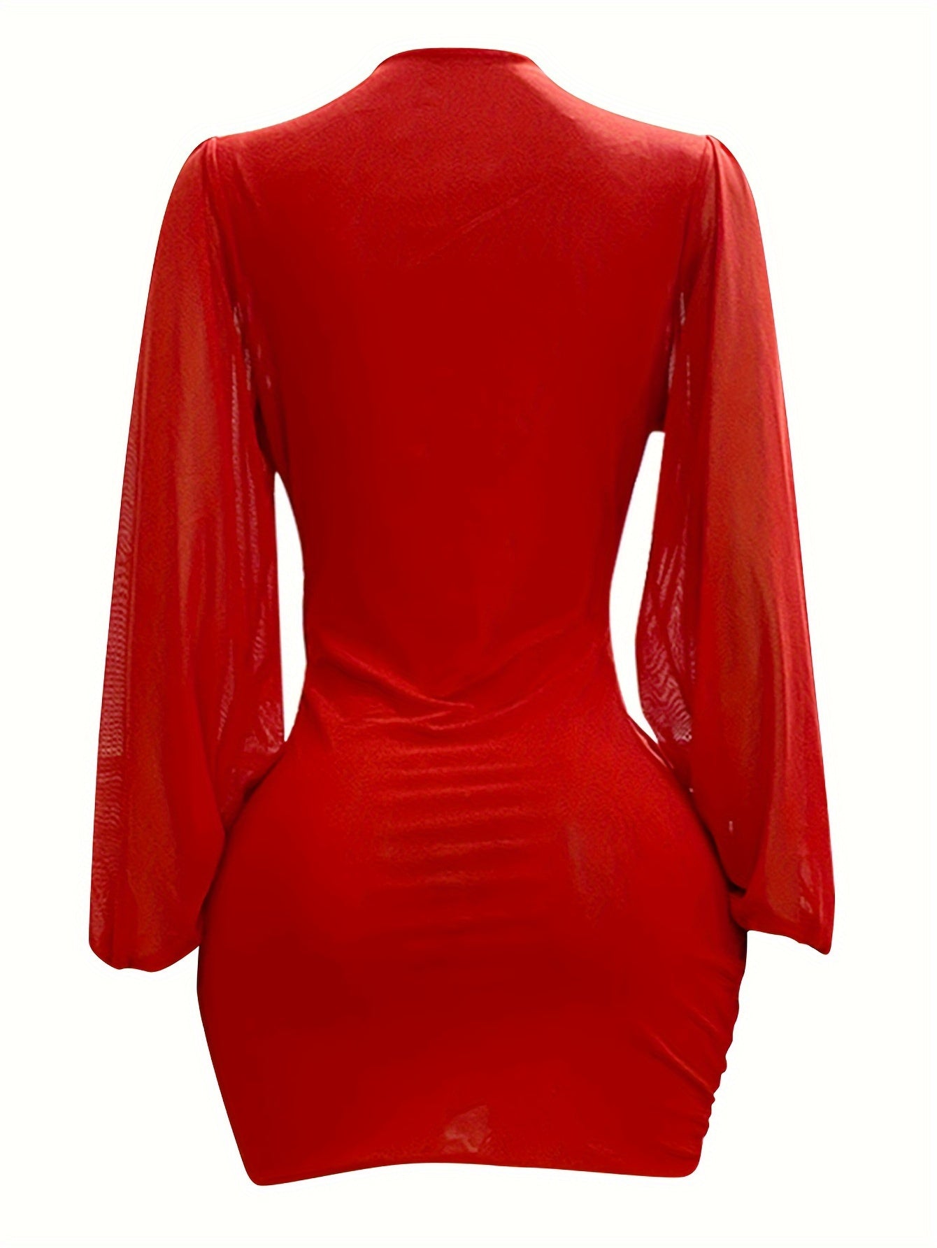 Elegant Asymmetrical V-Neck Mini Dress with Lantern Sleeves, Sheer Mesh Detail, and High Stretch Polyester Spandex Blend - Hand Washable, Sexy, Long Sleeve, Waist-Cinched
