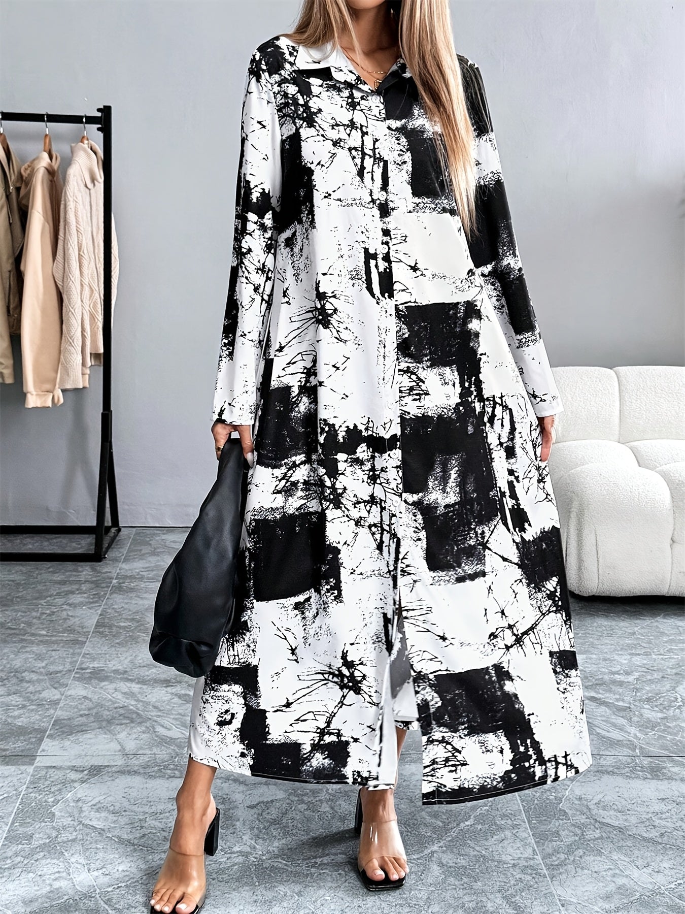 Elegant Tie-Dye Shirt Dress for Women - Casual Long Skirt with 3/4 Sleeves, Button Detail, Machine Washable - Perfect for Spring & Fall