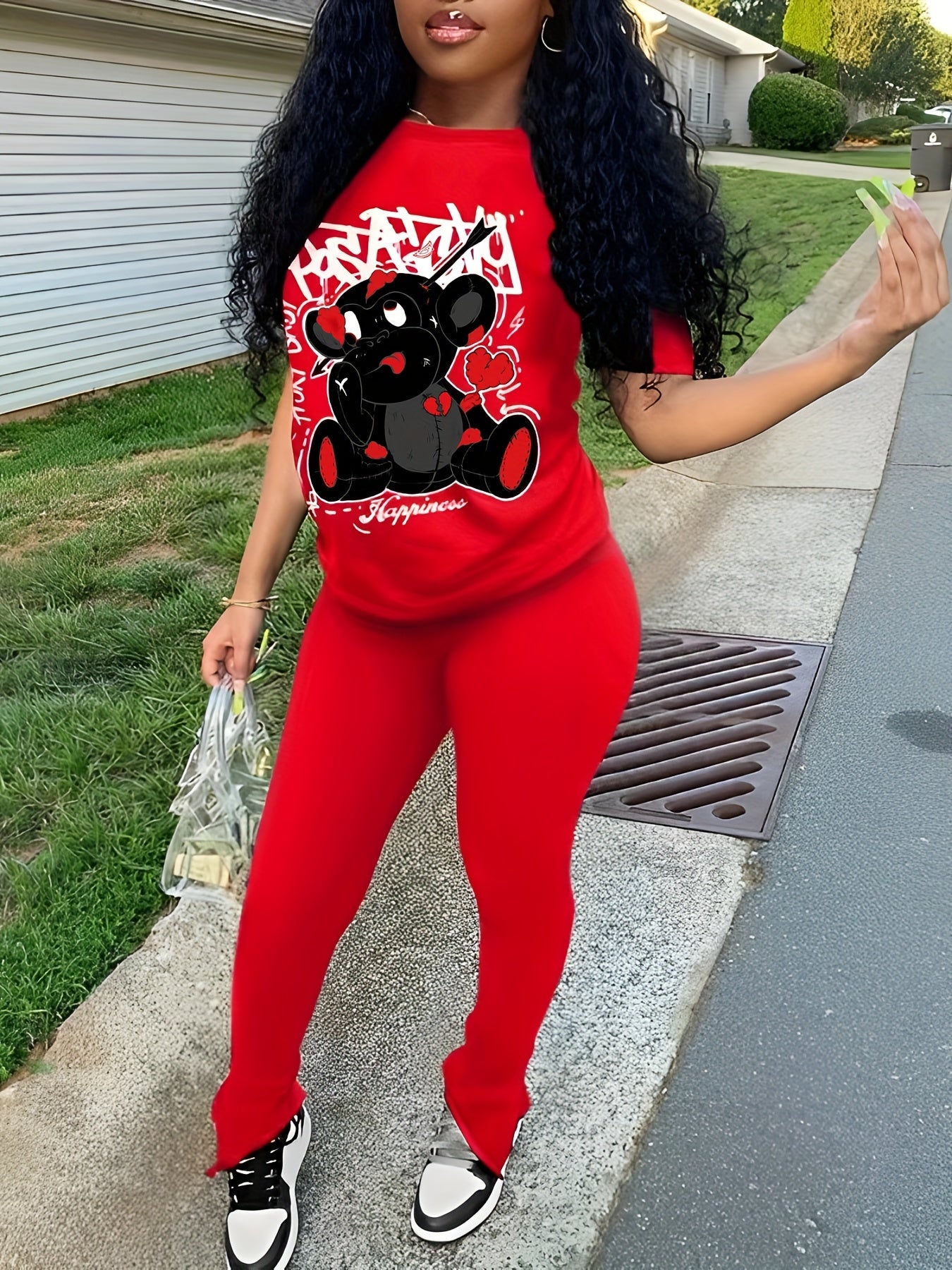 Graphic Print Two-piece Set, Casual Short Sleeve T-shirt & Pants Outfits - Women's Clothing -  Stylish & Comfortable - For Casual Wear - Perfect Gift for Fashionable Women