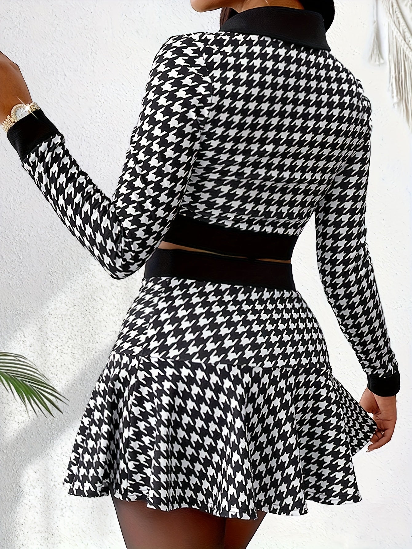 [Machine Washable] Elegant V-Neck Long Sleeve Jacket & A-Line Mini Skirt Set - Machine Washable Polyester & Elastane - Chic Autumn/Winter Ensemble for Women