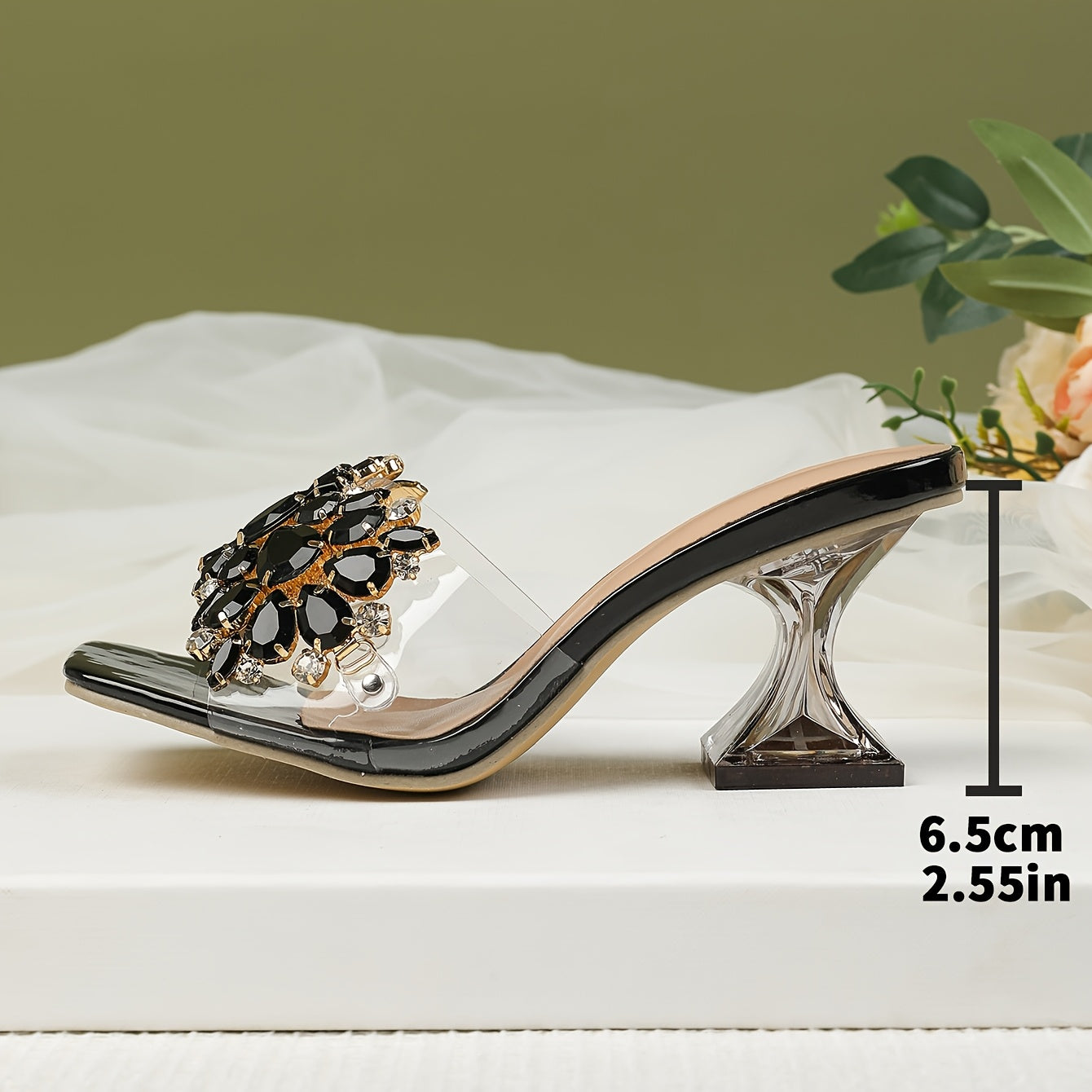 Women's Rhinestone Embellished Pyramid Heel Sandals - Stylish Pink Transparent Strap with Sparkling Floral Design, Perfect for Weddings & Formal Events