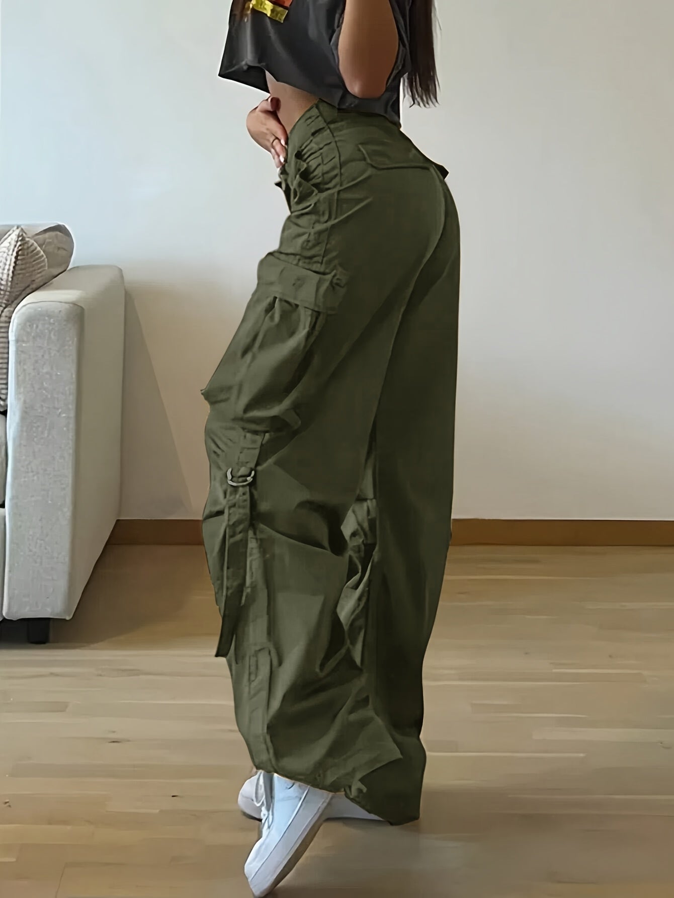 Women'S High-Waisted Loose Fit Cargo Pants - Y2K Inspired, 100% Polyester, Street Style with Flap Pockets & Tie Detail, Wide Leg Umbrella Design for Casual Wear, Perfect for All Season