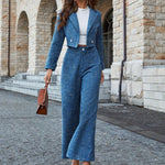 2pcss Women Elegant Set - Plaid Printed Double-Breasted Long Sleeve Blazer Jacket & Loose Fit Trousers 2pcs Set