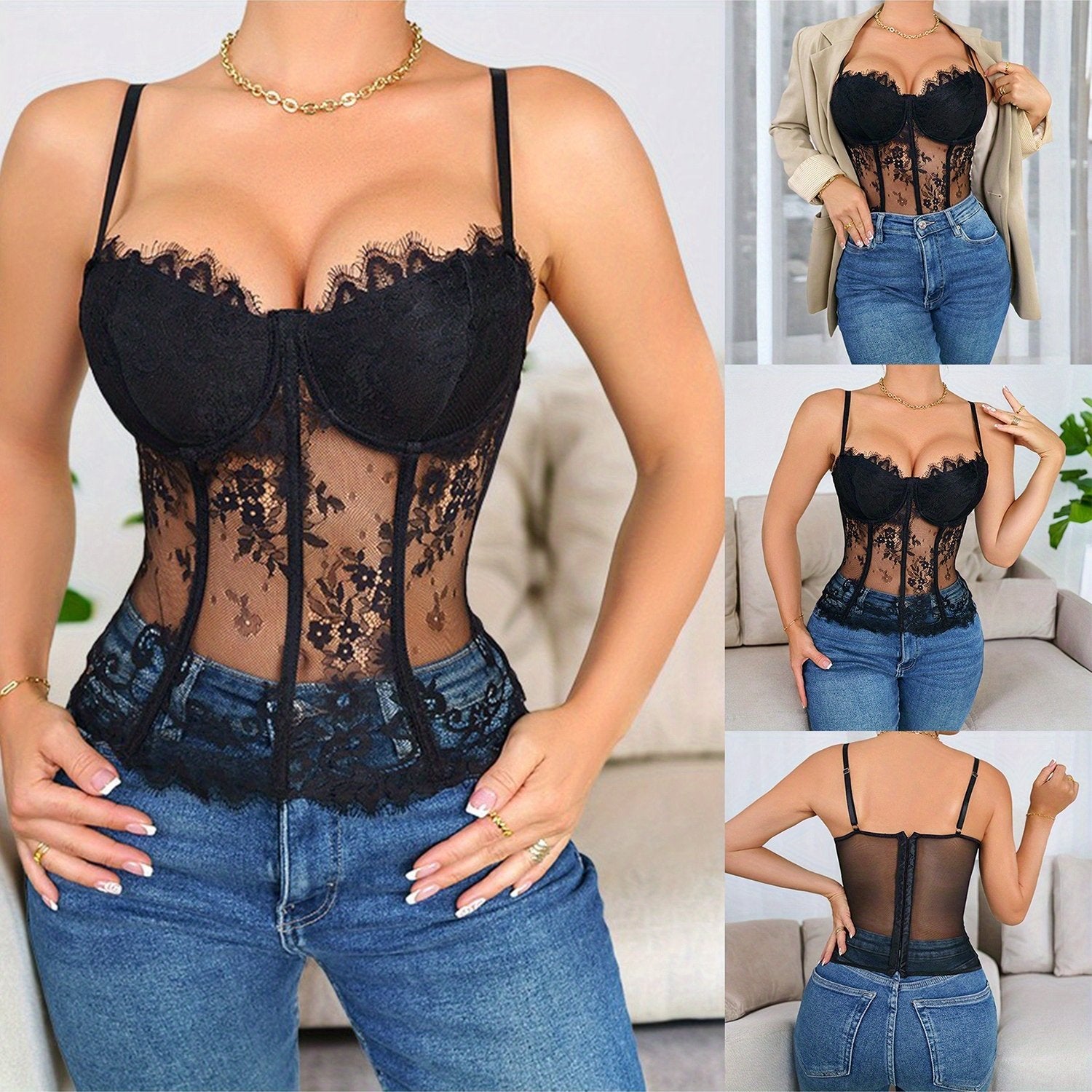 Women's Lace Corset Top | Sleeveless Spaghetti Strap Camisole Bustier | Semi-Transparent Black Polyester Mesh with Floral Lace Detailing | Sheer Design for Versatile Styling | Elegant and Comfortable Fit, Casual Wear Corset |