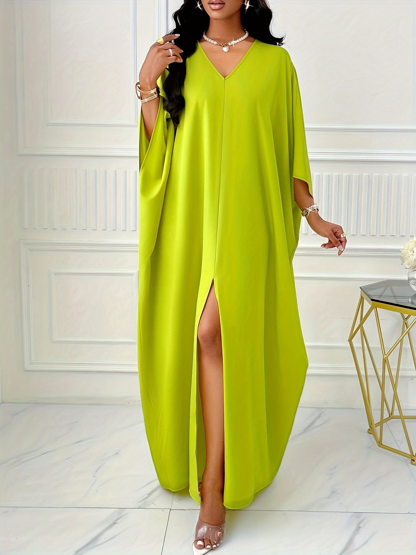 Elegant Solid Color V-Neck Cap Sleeve Side Slit Tunic Dress for Women - 100% Polyester Casual All-Season Long Dress