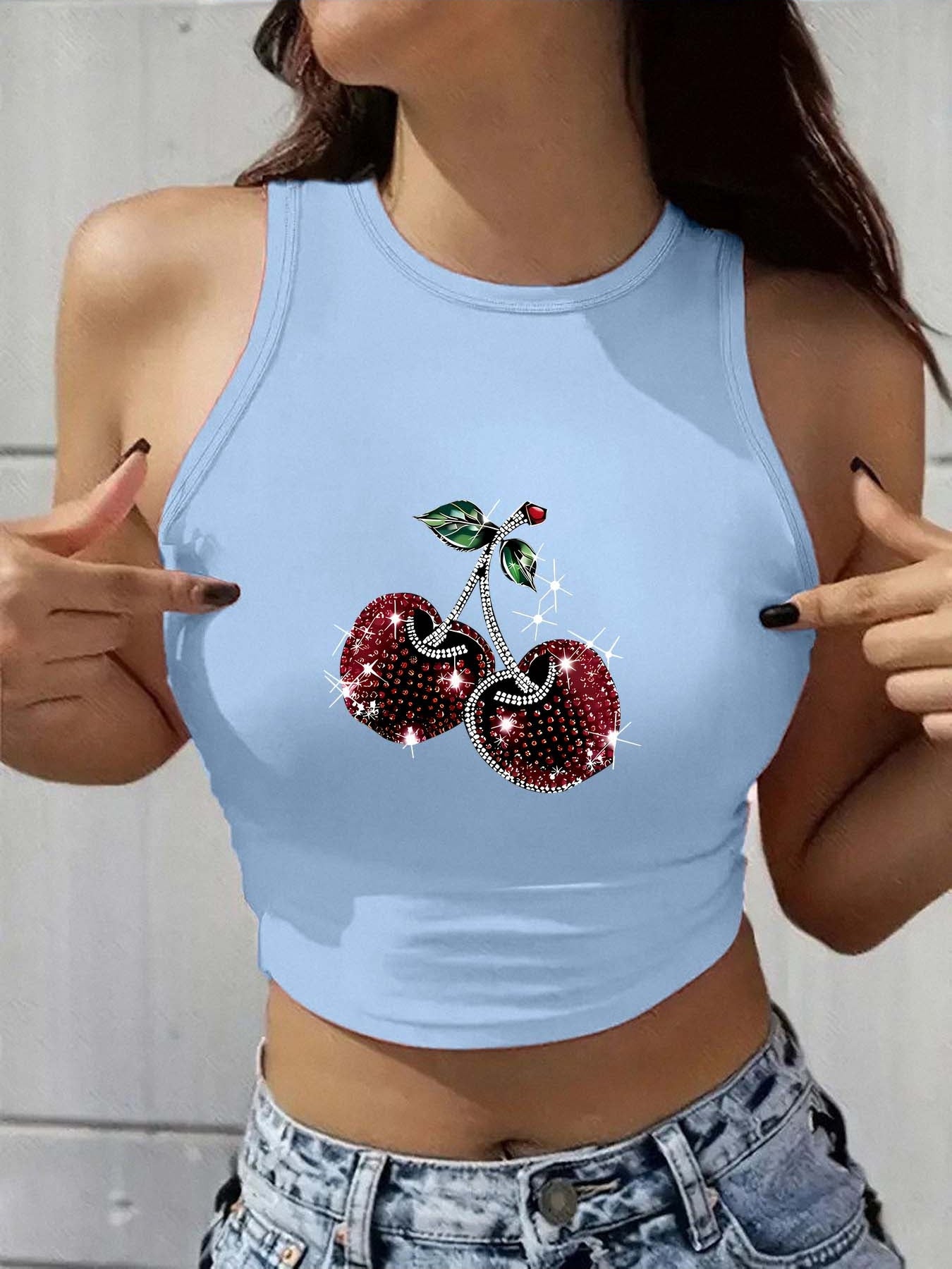 Ladies' Y2K Fashion Round Neck Sleeveless Tank Top, Trendy for Spring And Summer, Suitable for Street Style, Featuring Light Luxury Patterns And Prints. Ideal for Artistic Women, Commuting, Work Attire, Festive Parties, with