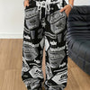 Women'S Casual Wide Leg Pants with Drawstring and Pockets, Alphabet Print, Polyester 95% Spandex 5% Woven Fabric, 180g/m², for Spring/Summer/Fall