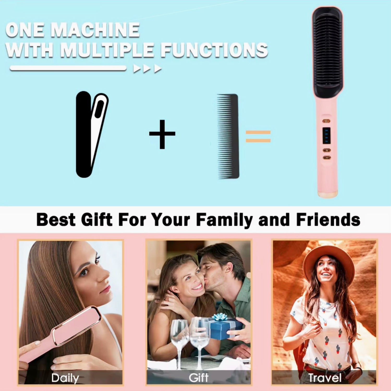 Multi-Temp 2-in-1 Hair Straightener and Curler Comb, Ceramic Plates, Power Supply Operated, 110V/220V, US Plug, for Wet and Dry Styling, Volumizing Hair Tool for Women, Ideal Mother'S Day Gift