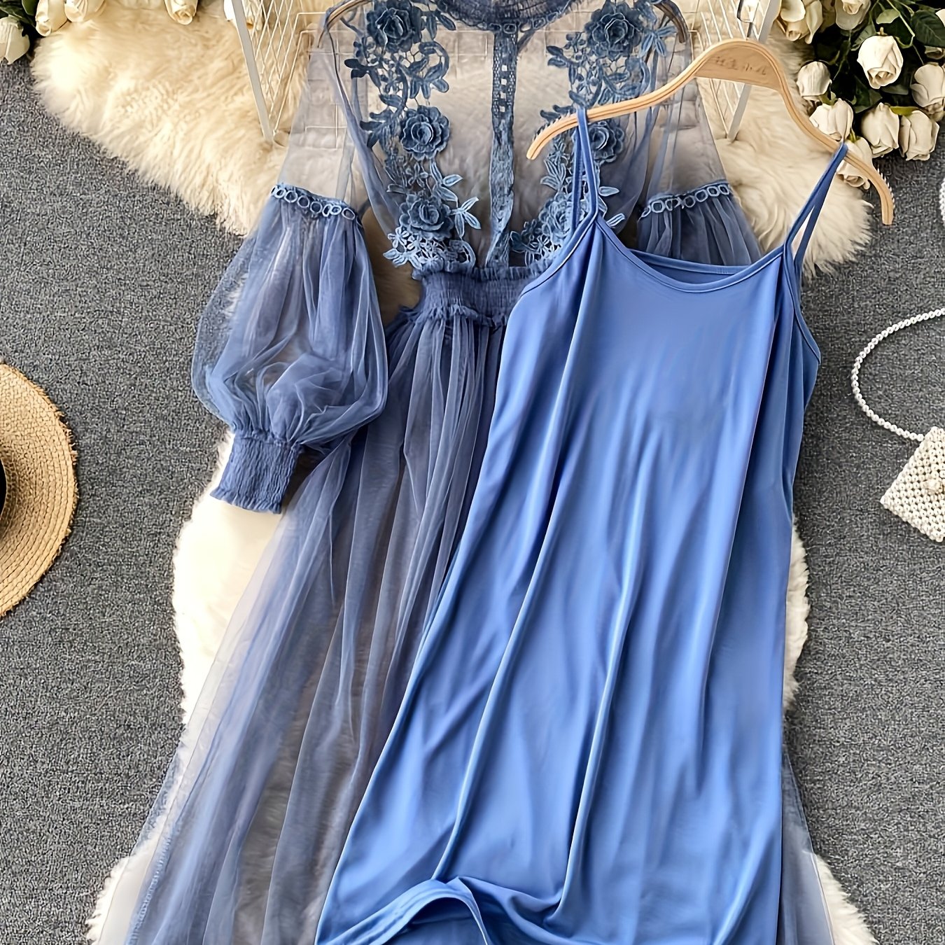 Plus Size Dresses Women'S Fashion Three-dimensional Flower Collage Sheer Mesh Balloon Sleeve Slim Long Dress Light Luxury Design Sense Women'S Chiffon Lace Shirt Suspender Base Shirt, Luxury Gift For Women