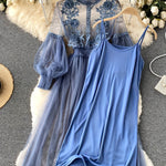 Plus Size Dresses Women'S Fashion Three-dimensional Flower Collage Sheer Mesh Balloon Sleeve Slim Long Dress Light Luxury Design Sense Women'S Chiffon Lace Shirt Suspender Base Shirt, Luxury Gift For Women