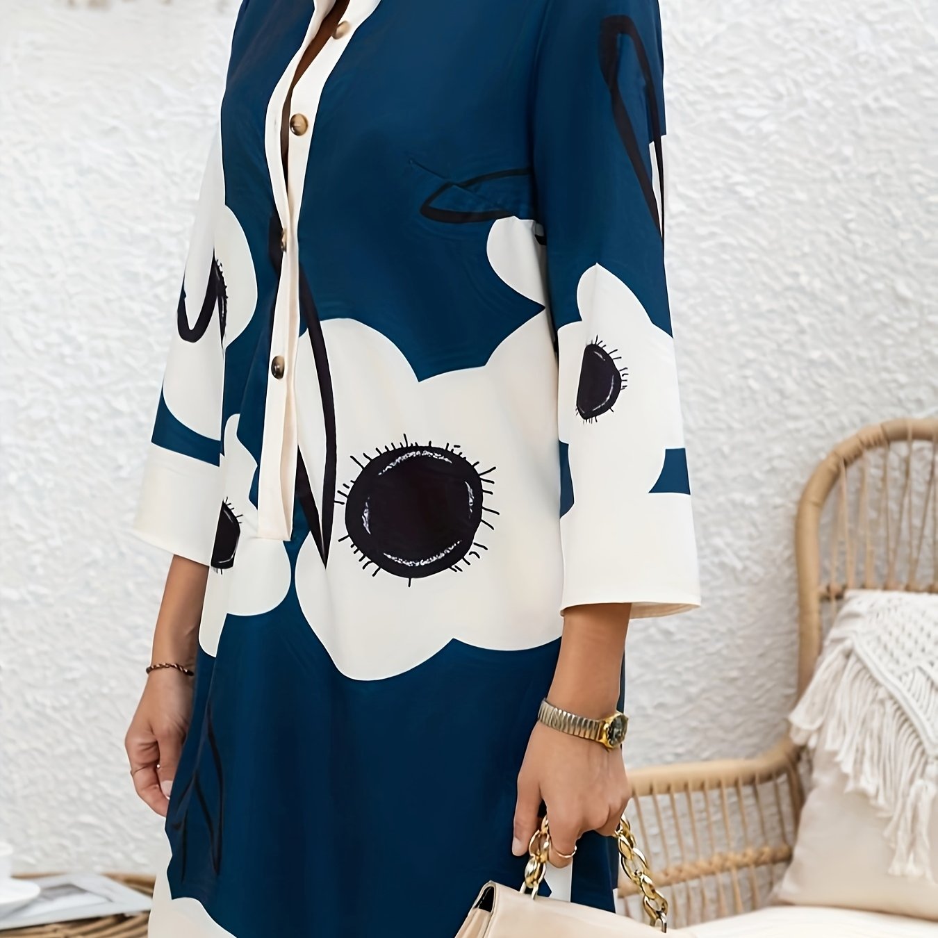 Women'S Elegant Lapel Button Long Sleeve Tunic Dress, Random Print, Polyester, 100g/m², Woven, for Adult, Spring/Summer/Fall