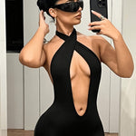 Sexy Black Halter Neck Backless Romper with Deep V Cut-Out Design - Women’s Stretchy One-Piece Swimsuit for Beach & Party Wear, Bathing Suit