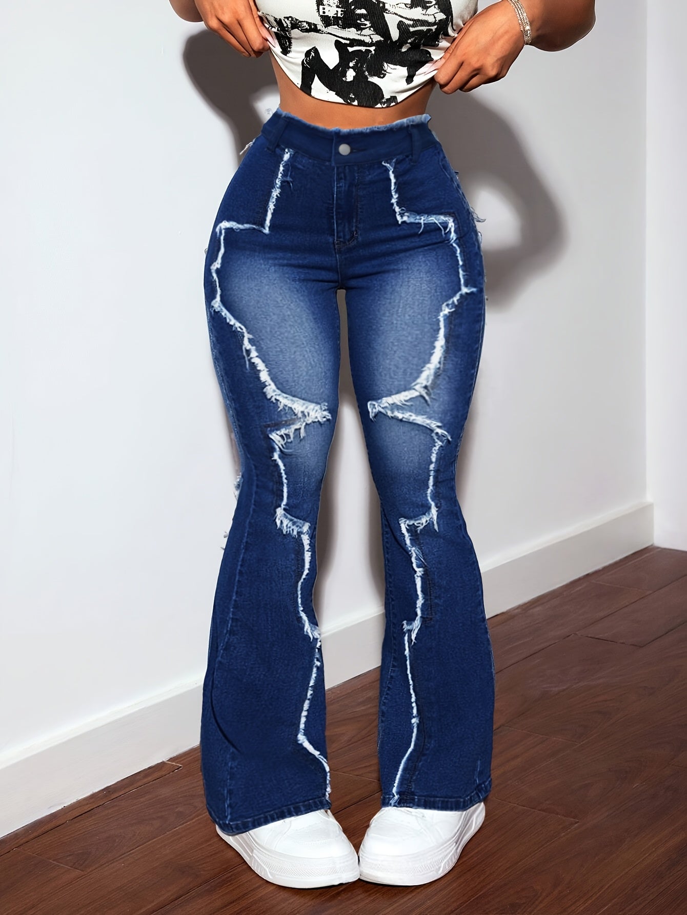 Women's High-Waisted Flared Jeans - Mid-Stretch Denim Pants with Details, Dark Blue Flattering Fit, 73% Viscose Blend, All-Season Comfort & Versatile Casual Wear