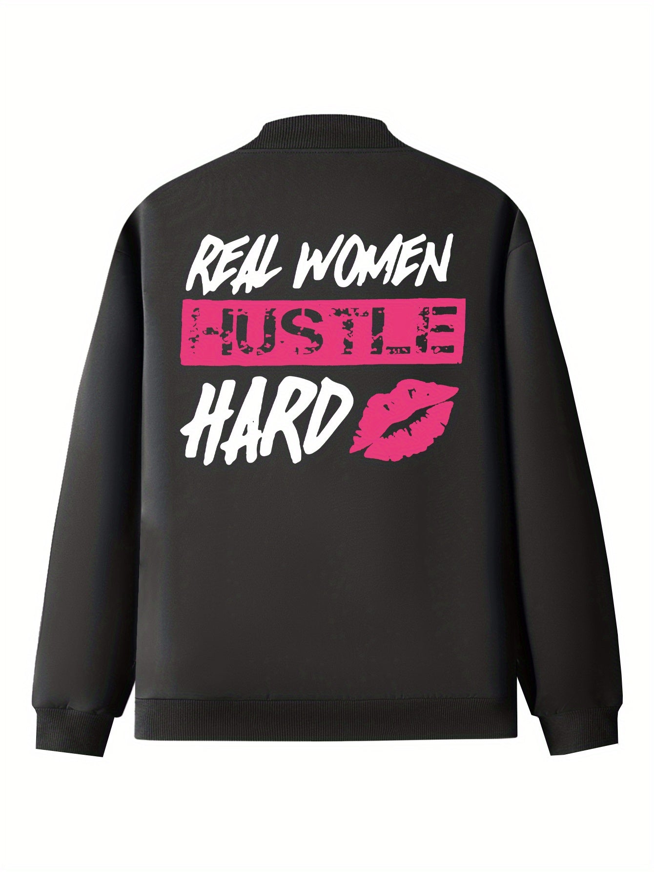 Everyday Comfort, Women's "Real Women Hustle Hard" Casual Bomber Jacket - Mint Green, Long Sleeve, Zip-Up with Pink Lips Graphic, Polyester Blend, Machine Washable, Motivational Apparel|Trendy Bomber Jacket|Smooth Texture Fab