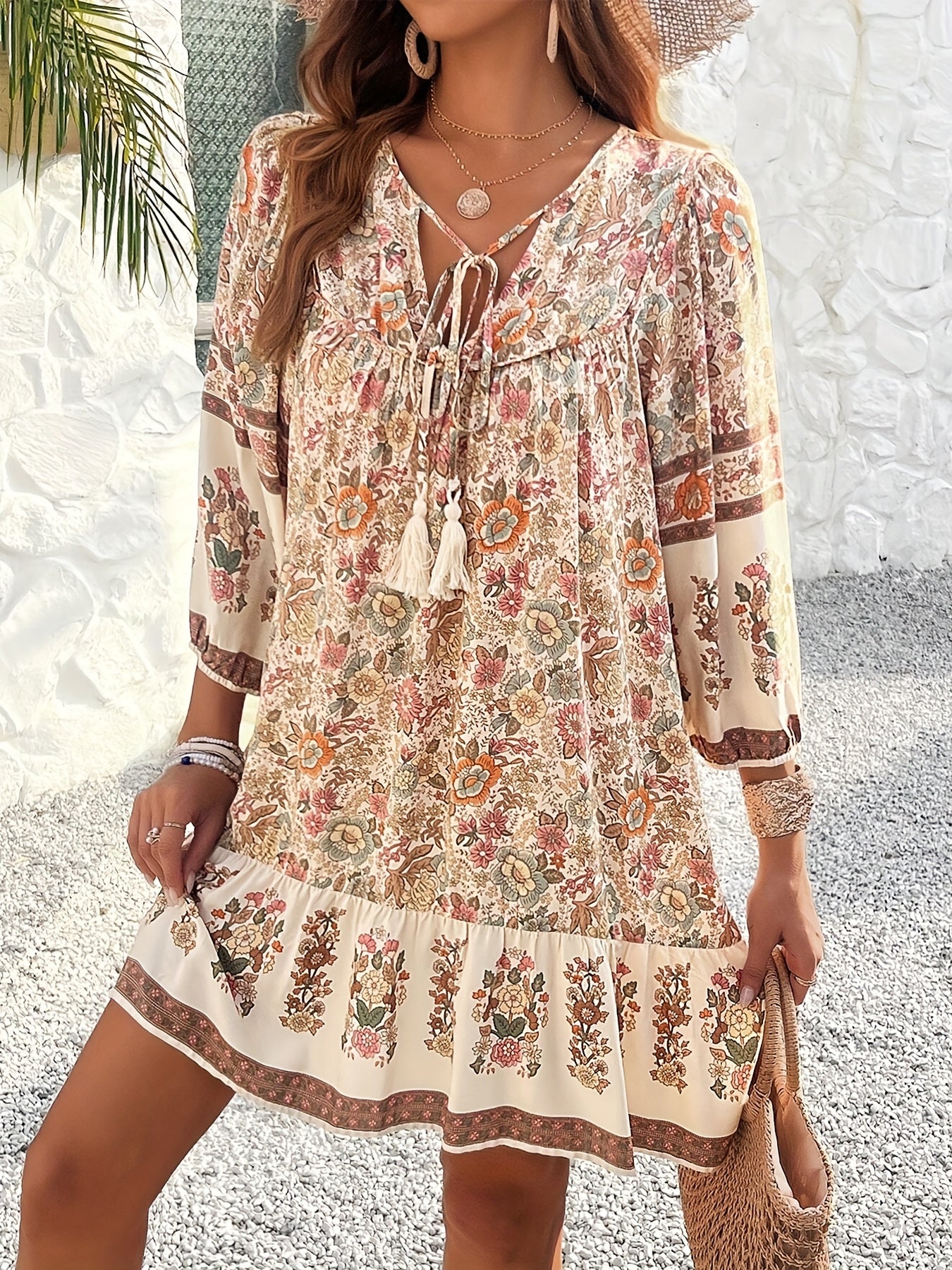 Plus Size Women'S Floral Print Tie Neck Ruffle Hem Loose Casual Spring And Summer Outing Dress