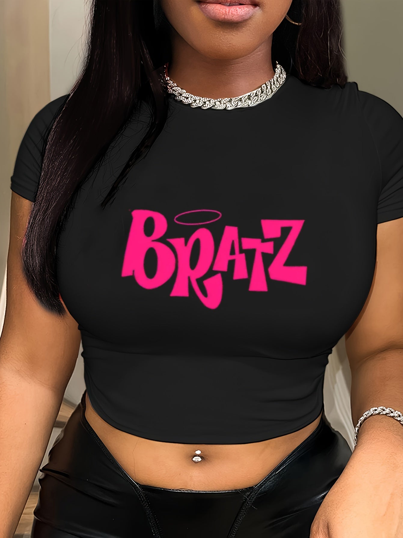 Letter Print Crew Neck T-Shirt, Y2K Short Sleeve Crop T-Shirt For Spring & Summer, Women's Clothing