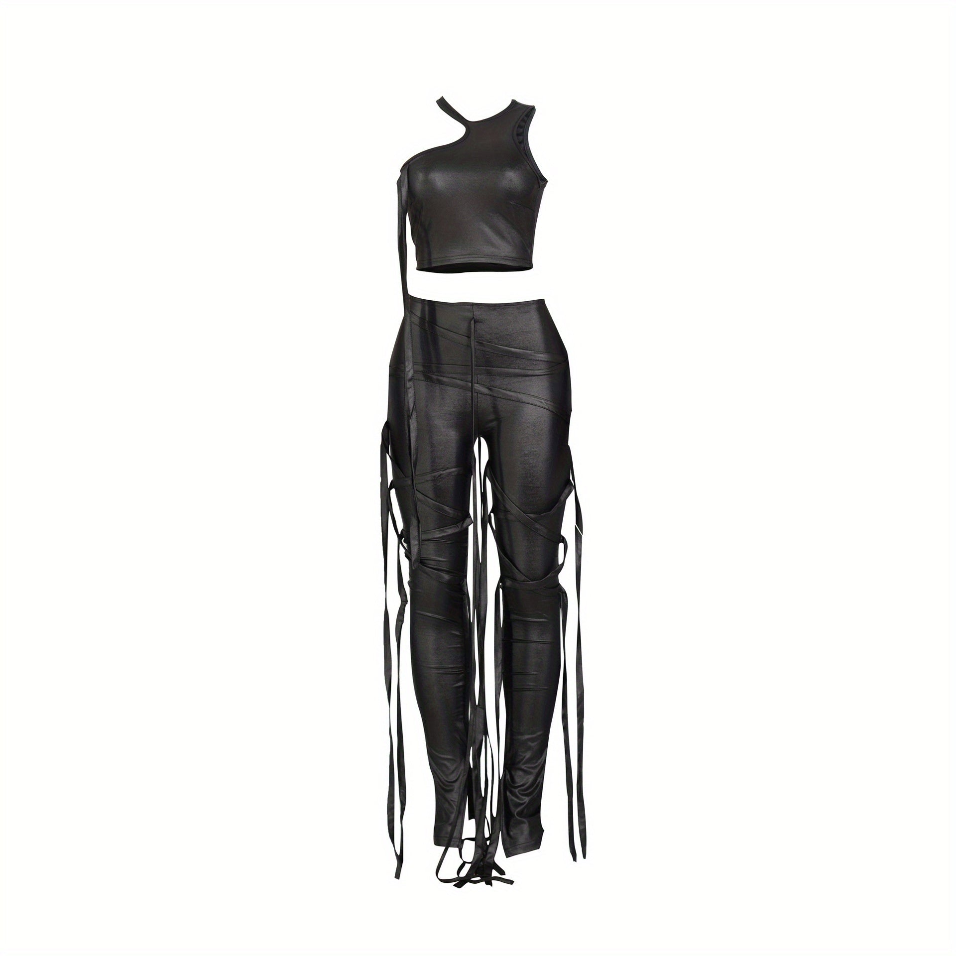 Chic Solid Two-piece Outfit Set - Trendy Asymmetrical Sleeveless Top & Slim-Fit Pants - Flattering Womens Wardrobe Essential