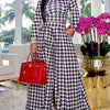 1set Women'S Houndstooth Print Long Sleeve Casual Polyester Knit Pants Suit with Round Neck for Autumn/Winter