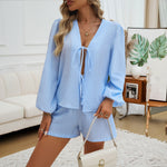 Lady Temperament Casual Cardigan Lace-up Long Sleeve Shorts Suit