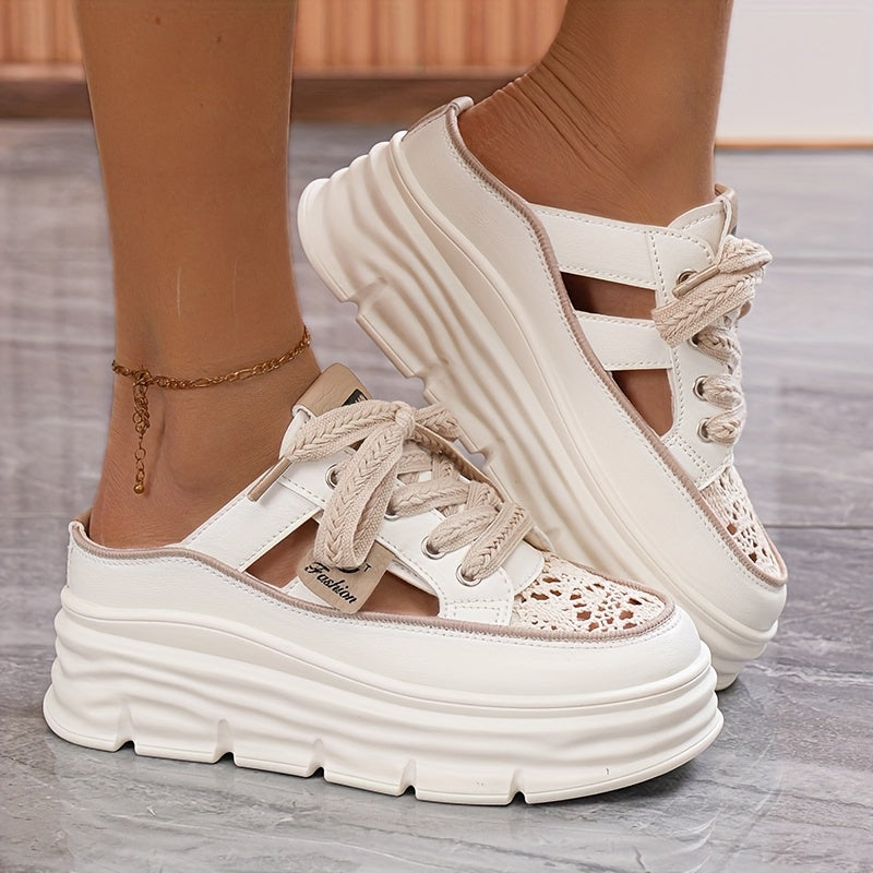 Women's Stylish Thick-Sole Platform Sandals - White & Orange, Round Toe, PU Cover, Lace-Up Design, Summer Outdoor Shoes with Rubber Sole for Added Height, Ladies Sandals
