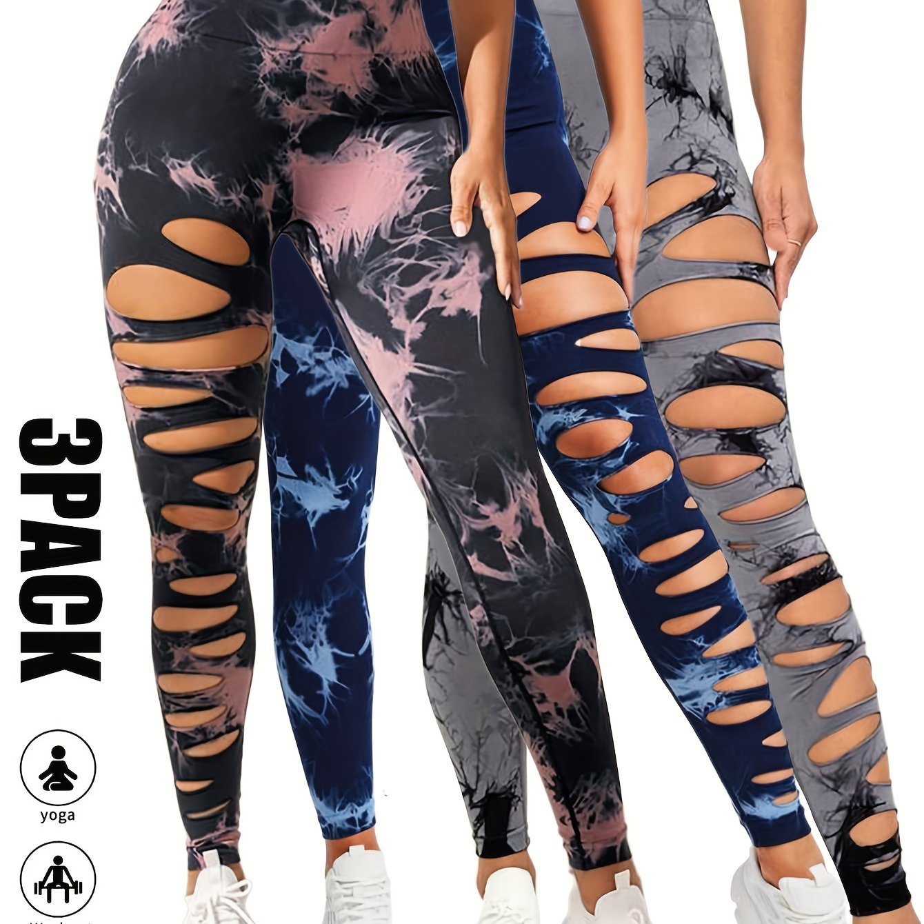 [3 Pack High Waist Yoga Leggings] 3 Pack Women's Tie Dye Cutout Tights High Waist Workout Yoga Leggings, Scrunch Butt Lifting Elastic Pants, Womens High Waist Yoga Pants Cutout Ripped Tummy Control Workout Running Yoga Skinny