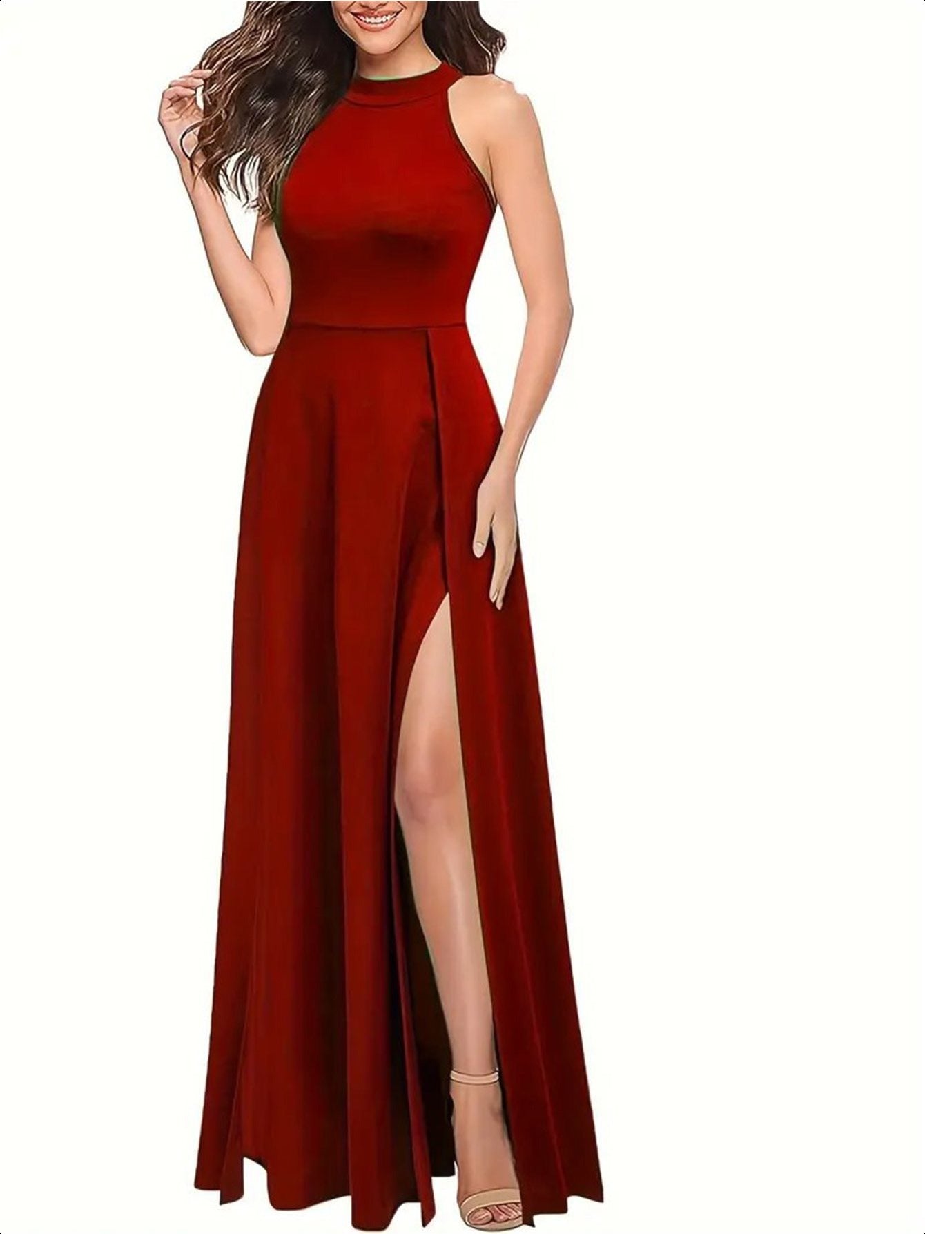 Long formal dress, slit thigh high waist long dress, elegant sleeveless round neck dress, suitable for parties and banquets