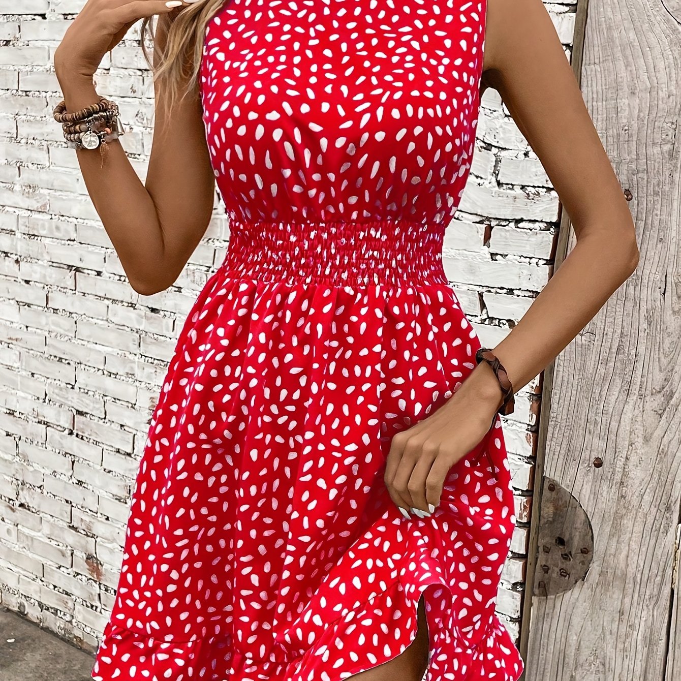 Women'S Elegant Sleeveless A-Line Dress with White Floral Print - Fitted, Round Neck, Back Button-up, Perfect for Spring/Summer Outings, Casual Attire|Floral Print Dress|Elegant Sleeveless Dress