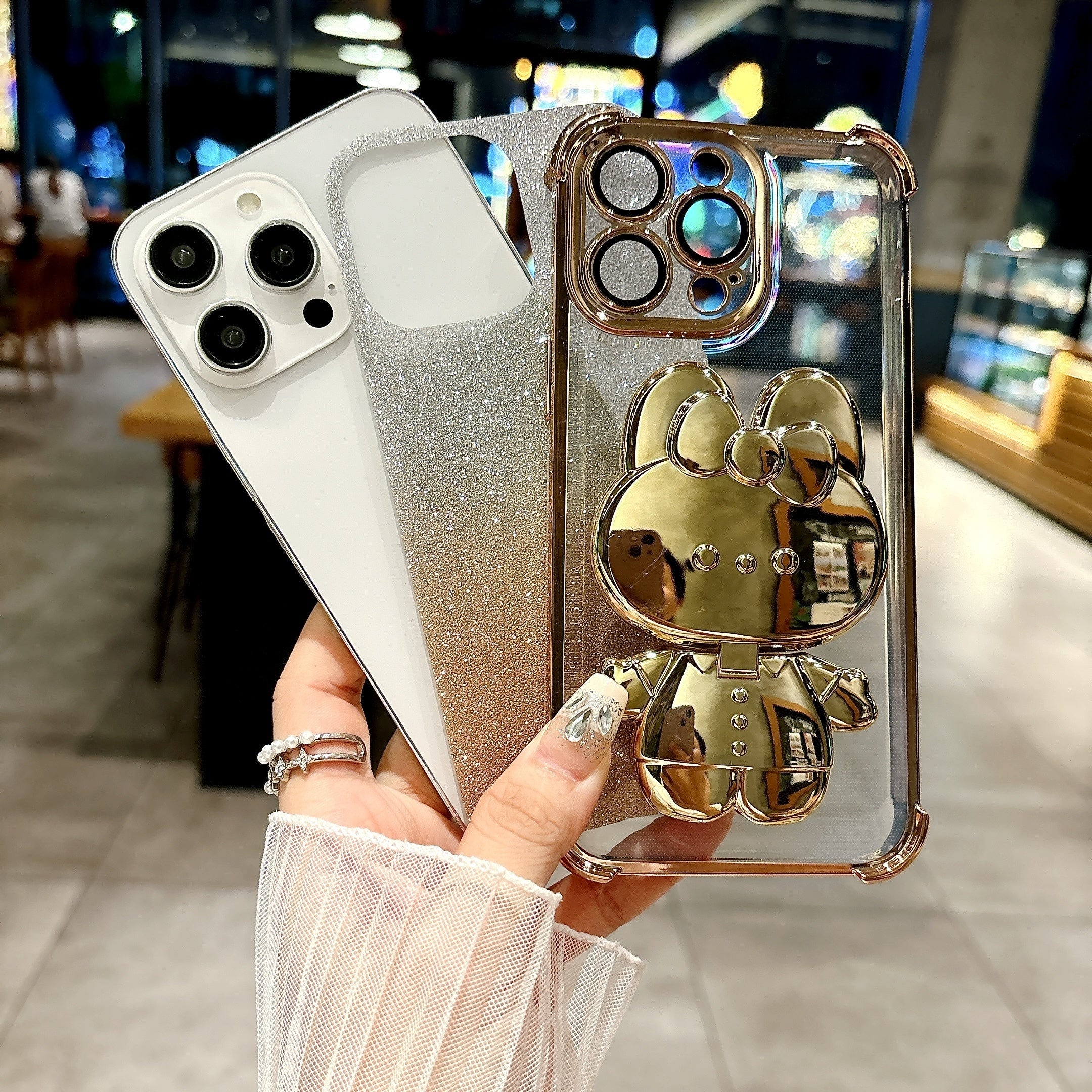 New Luxury Diamond-Inlaid Sparkling Invisible Makeup Mirror Mobile Phone Holder with Lens Protection, Cute Rabbit Holder Mobile Phone Case, Suitable for iPhone11/12/13/14/15/16 Pro Max/plus Mobile Phone Case Luxury Halloween-