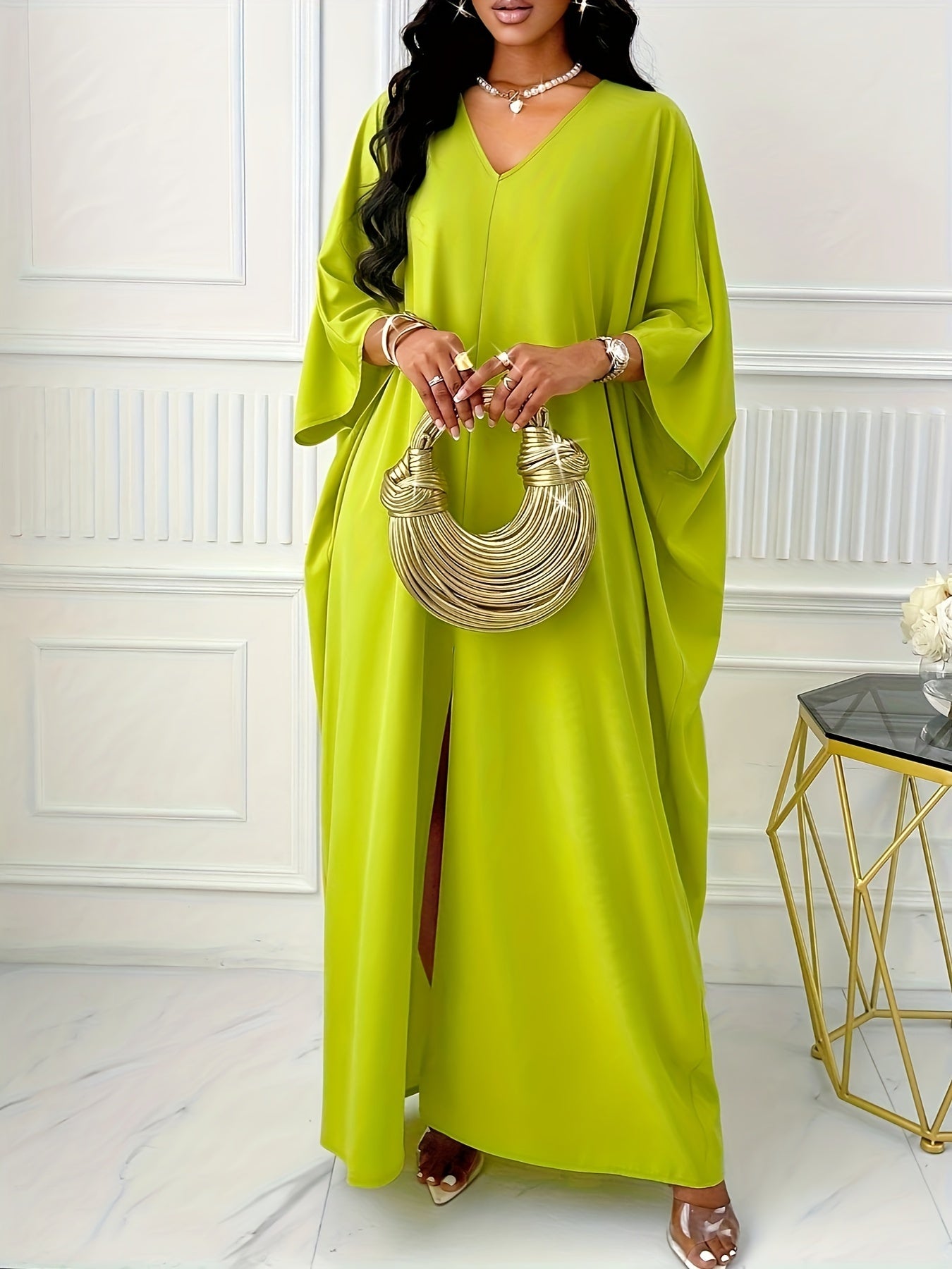 Elegant Solid Color V-Neck Cap Sleeve Side Slit Tunic Dress for Women - 100% Polyester Casual All-Season Long Dress
