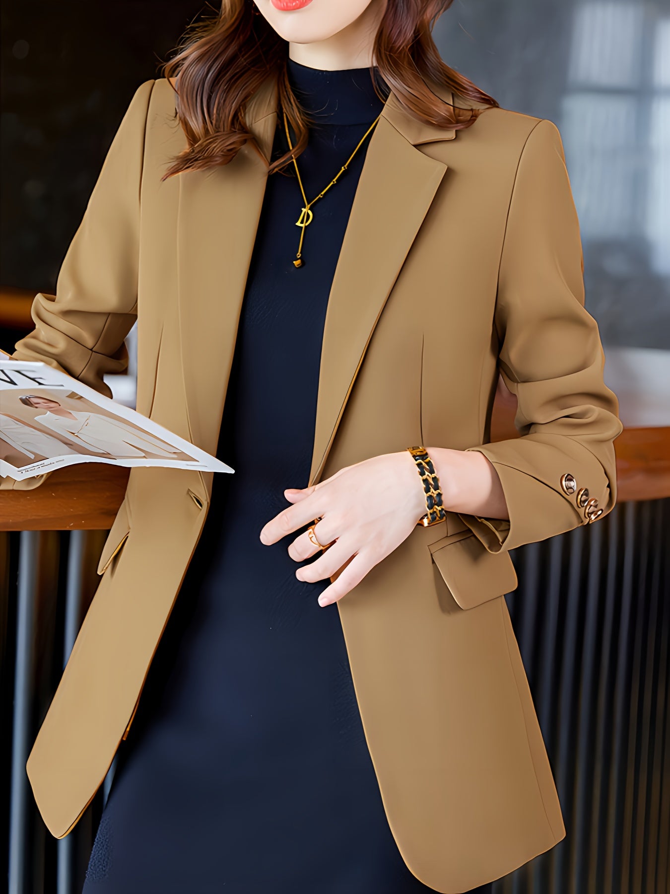 Elegant Long Sleeve Notched Collar Button Front Blazer for Office & Work, Women's Clothing