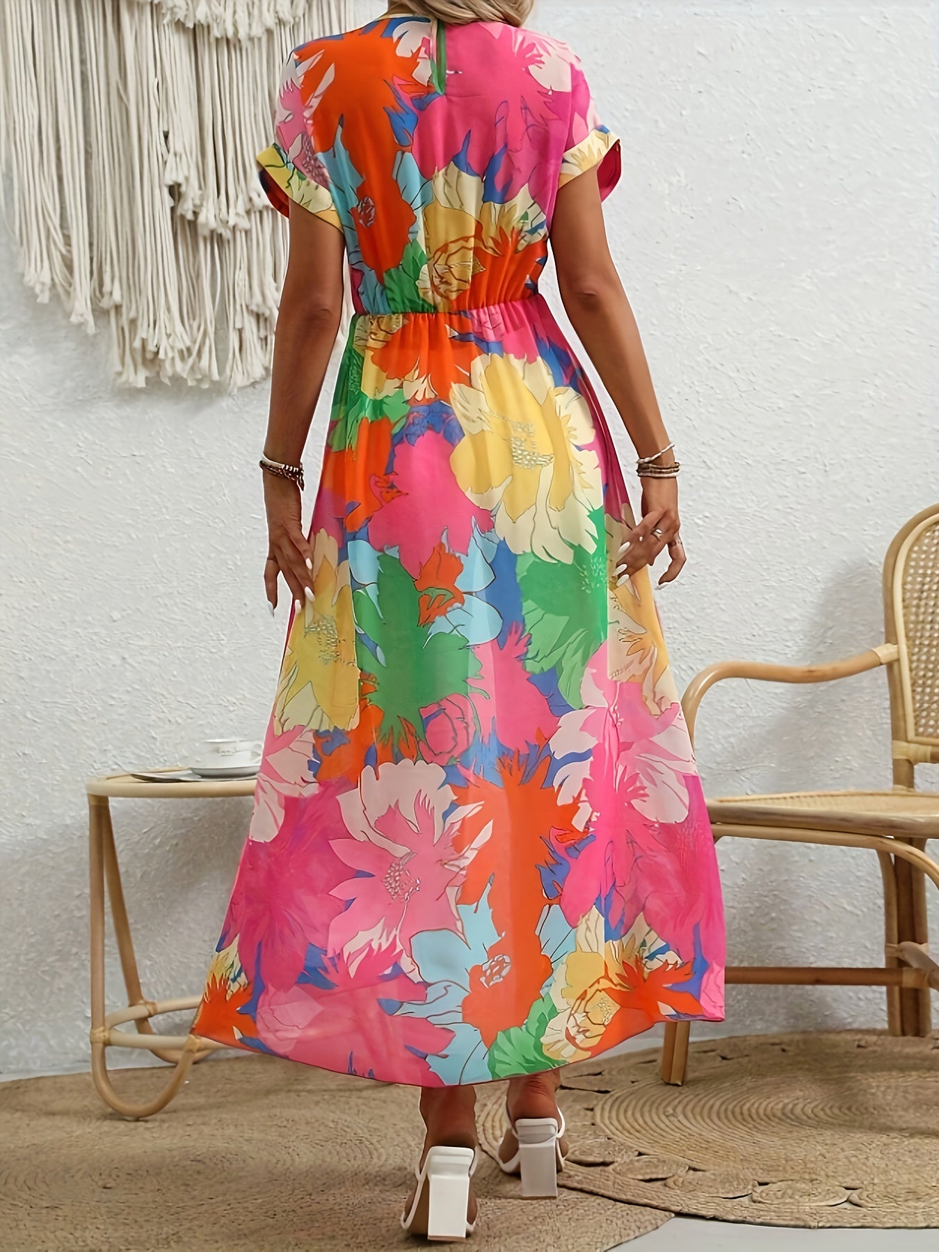 Vibrant Tropical Print Longline Top - Elegant Round Neck, Non-Sheer, Hand Washable - Perfect for Spring & Summer, Women’s Fashion Blouse in Pink, Yellow, Blue & Green, Casual Elegant Wear | Flowing Elegance | Stylish Maxi T