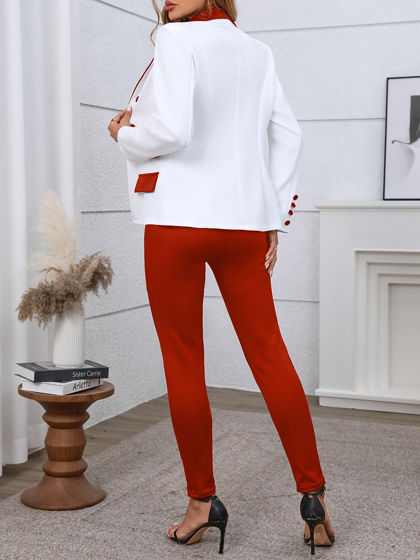 two-piece Color Block Blazer & Straight Leg Pant Set for Women, Casual Button-Front Blazer & Pants Outfit