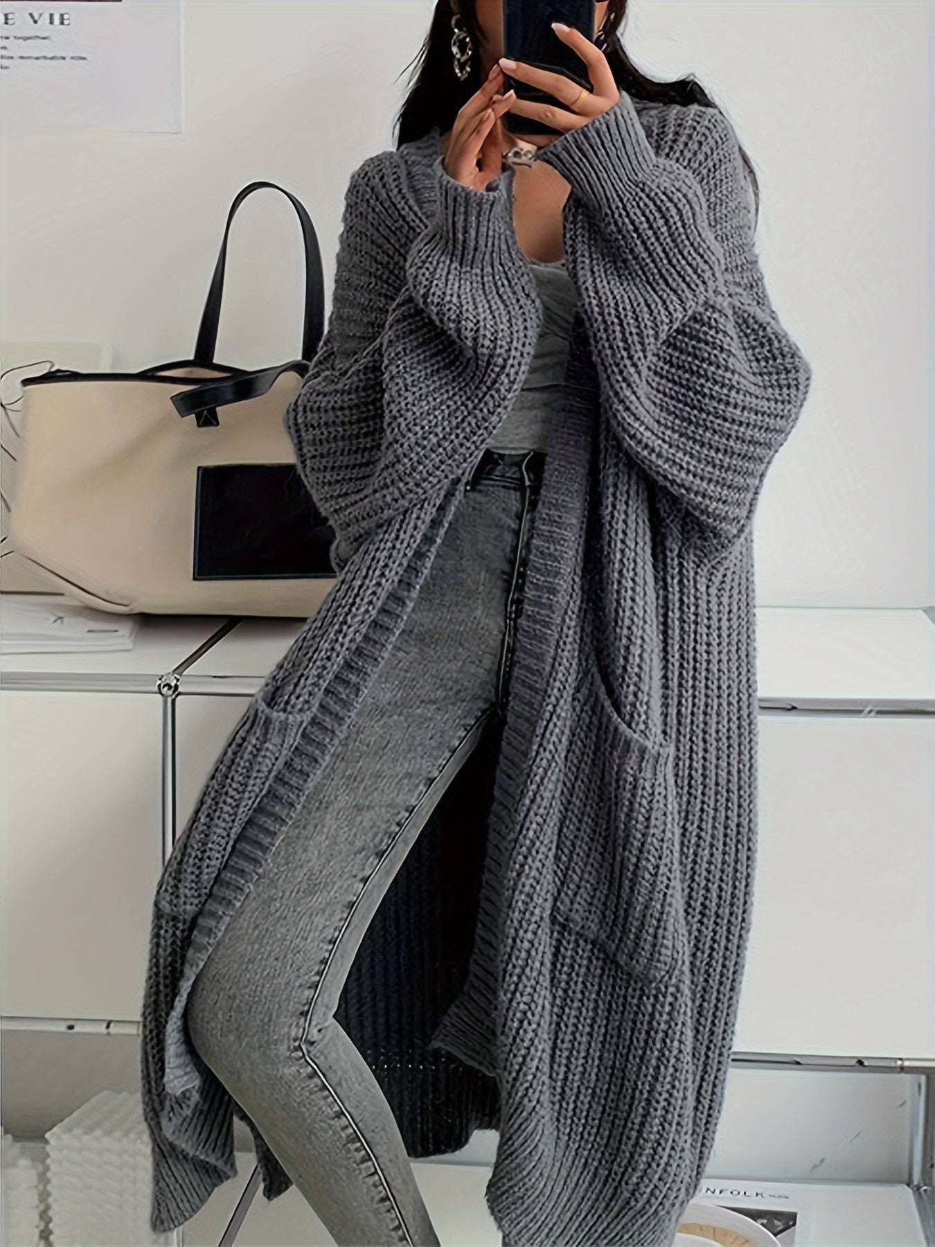 Cardigan sweater - Patched Pockets Open Front Cardigan - Solid, Long Sleeve, Knitted - Fall & Winter - Women - Cozy & Stylish - Cozy Comfort, Effortless Style