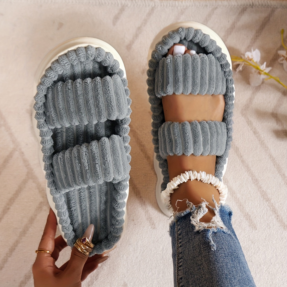 Two Bands Women's Plush Open Toe Platform Slippers, Soft Sole Fuzzy Comfortable Indoor Floor Shoes