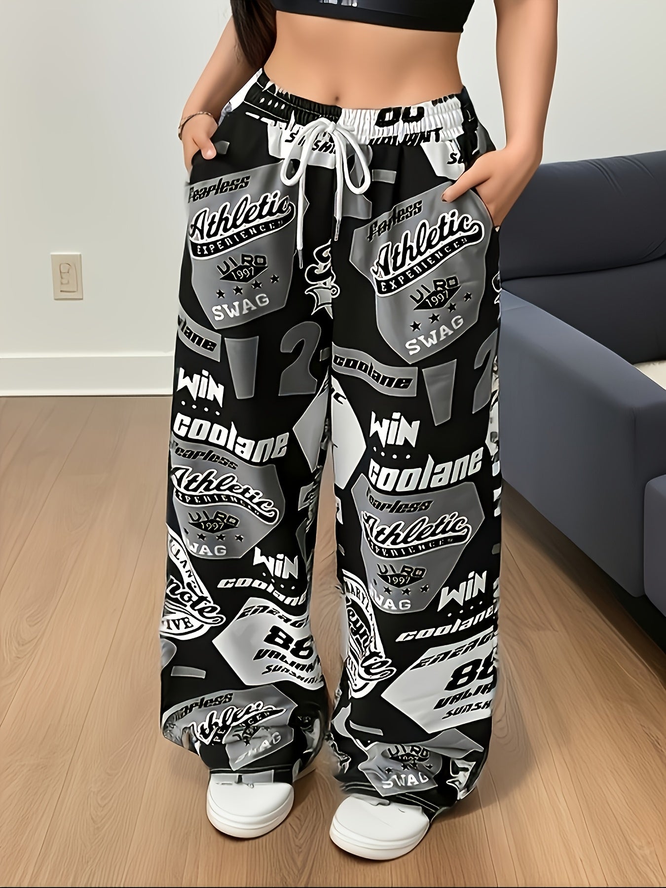 Women'S Casual Wide Leg Pants with Drawstring and Pockets, Alphabet Print, Polyester 95% Spandex 5% Woven Fabric, 180g/m², for Spring/Summer/Fall