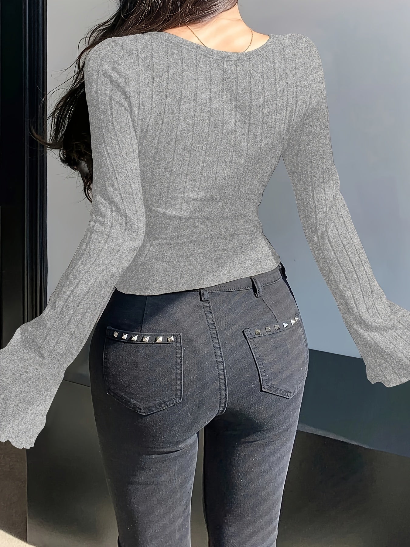 Crisscross Scoop Neck Skinny Top, Casual Solid Color Long Sleeve Ribbed Top For Spring & Fall, Women's Clothing