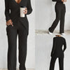 Women's Ribbed Fall Set Solid Color V-Neck Long Sleeve Slim Fit Cross Front Tops Long Pants 2pcs Outfits