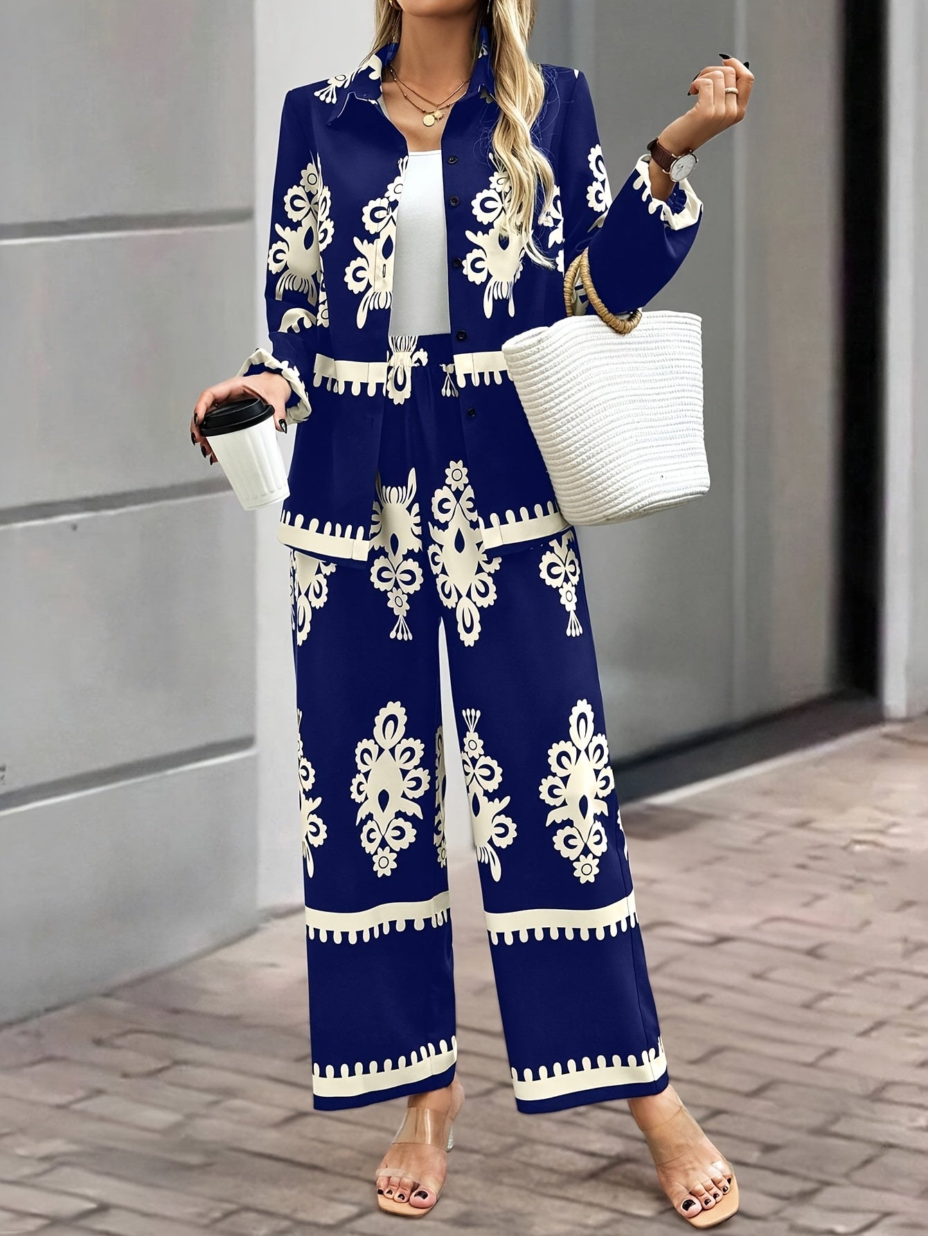 2pcs Elegant Special Set for Women with Random Print Front Button Long Sleeve Top and Pants Casual Suit