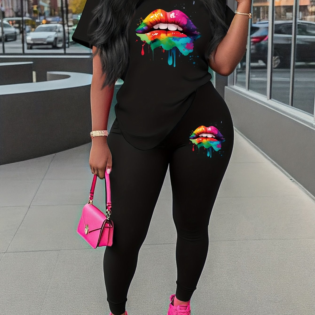 two piece Women's Two-Piece Lip Print Set: Short Sleeve T-Shirt & Leggings Outfit