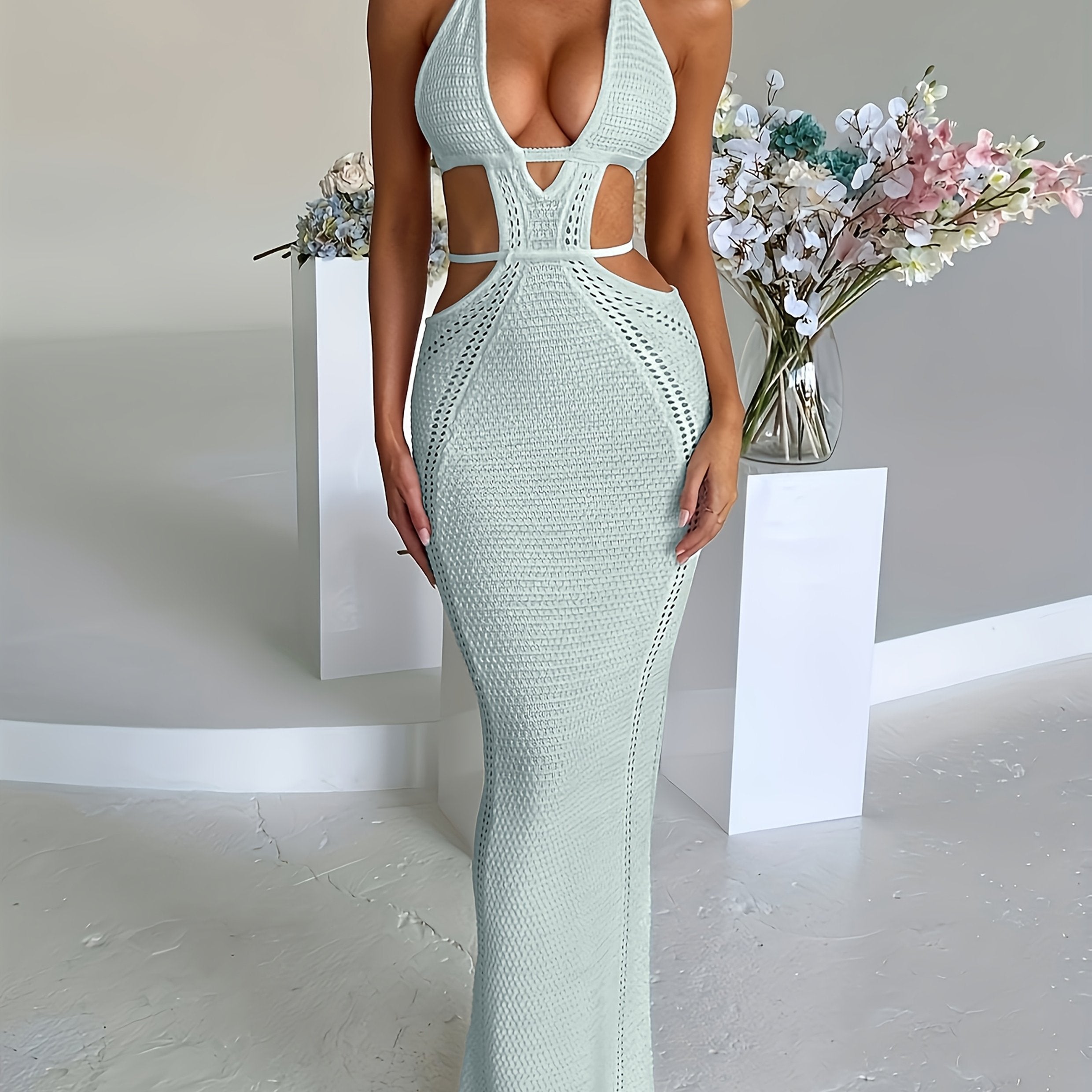 Elegant Knit Cut-Out Midi Dress - Sexy Halter Neck, Semi-Sheer Beach Vacation Style Cover-Up, Polyester, Hand or Dry Clean Only, Beach Dress