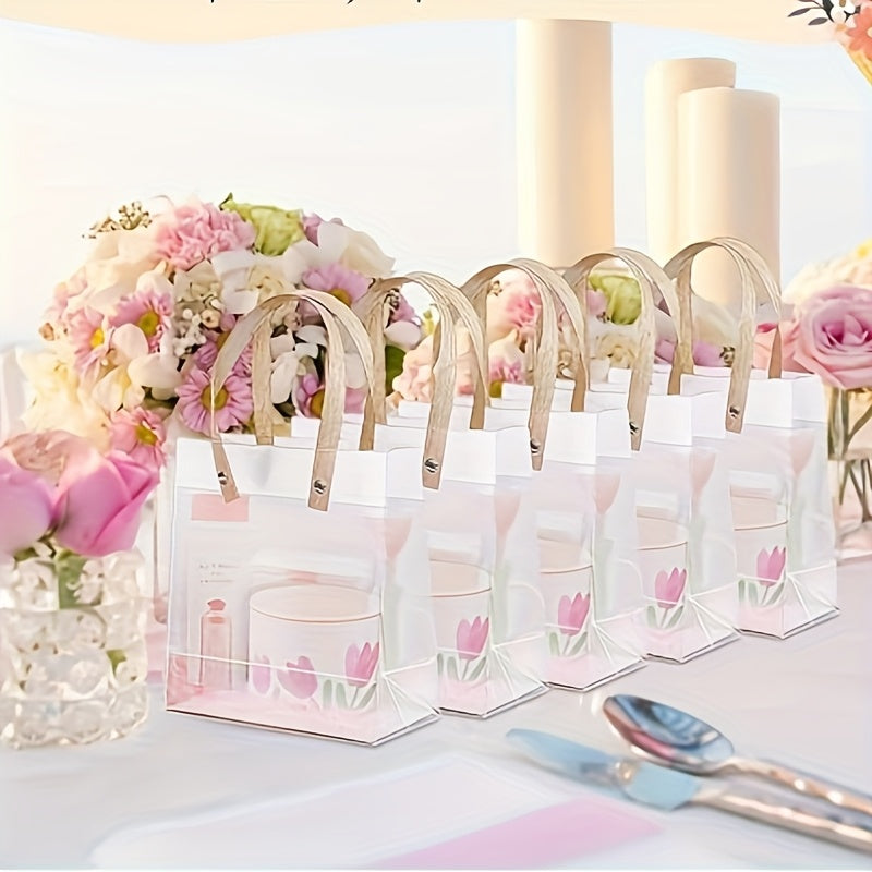 20pcs Clear Frosted Tote Bags with Floral & Bear Design - Durable Polypropylene, Perfect for Weddings, Showers, Birthdays, and Housewarmings, Event Tote Bags | Floral Bear Design | Durable Tote Bags, Tote Bag